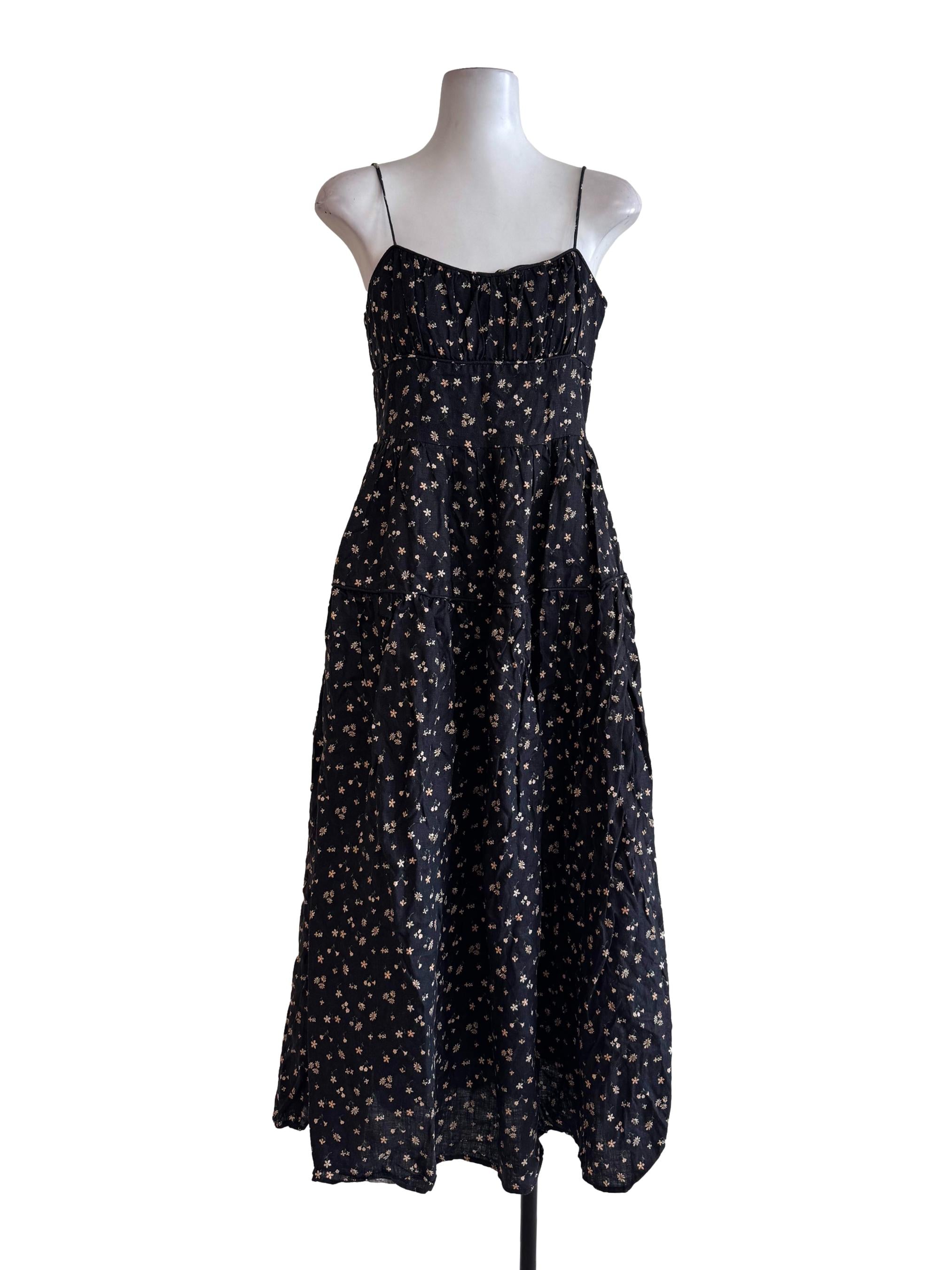 Black Floral Spaghetti Strap Midi Dress