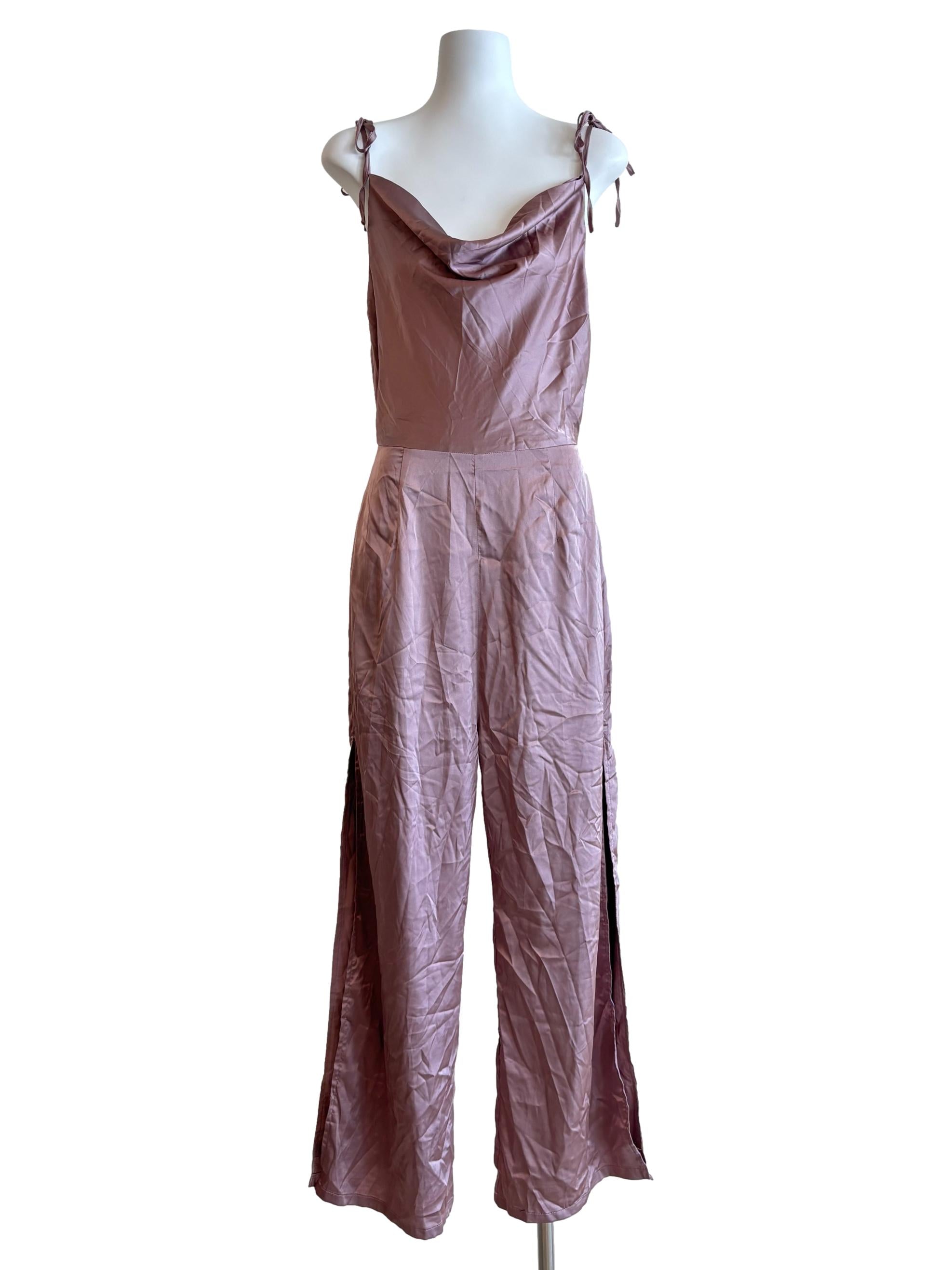 Rose Pink Satin Drape Slit Jumpsuit