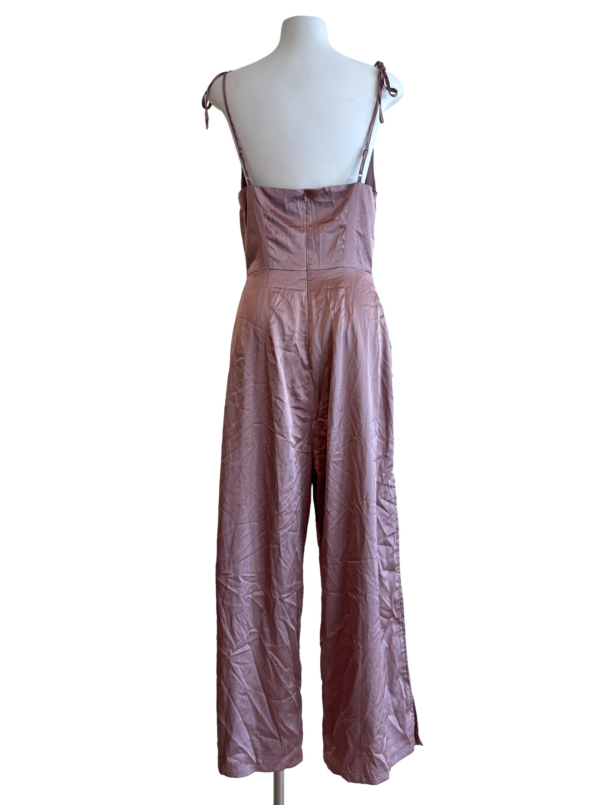Rose Pink Satin Drape Slit Jumpsuit
