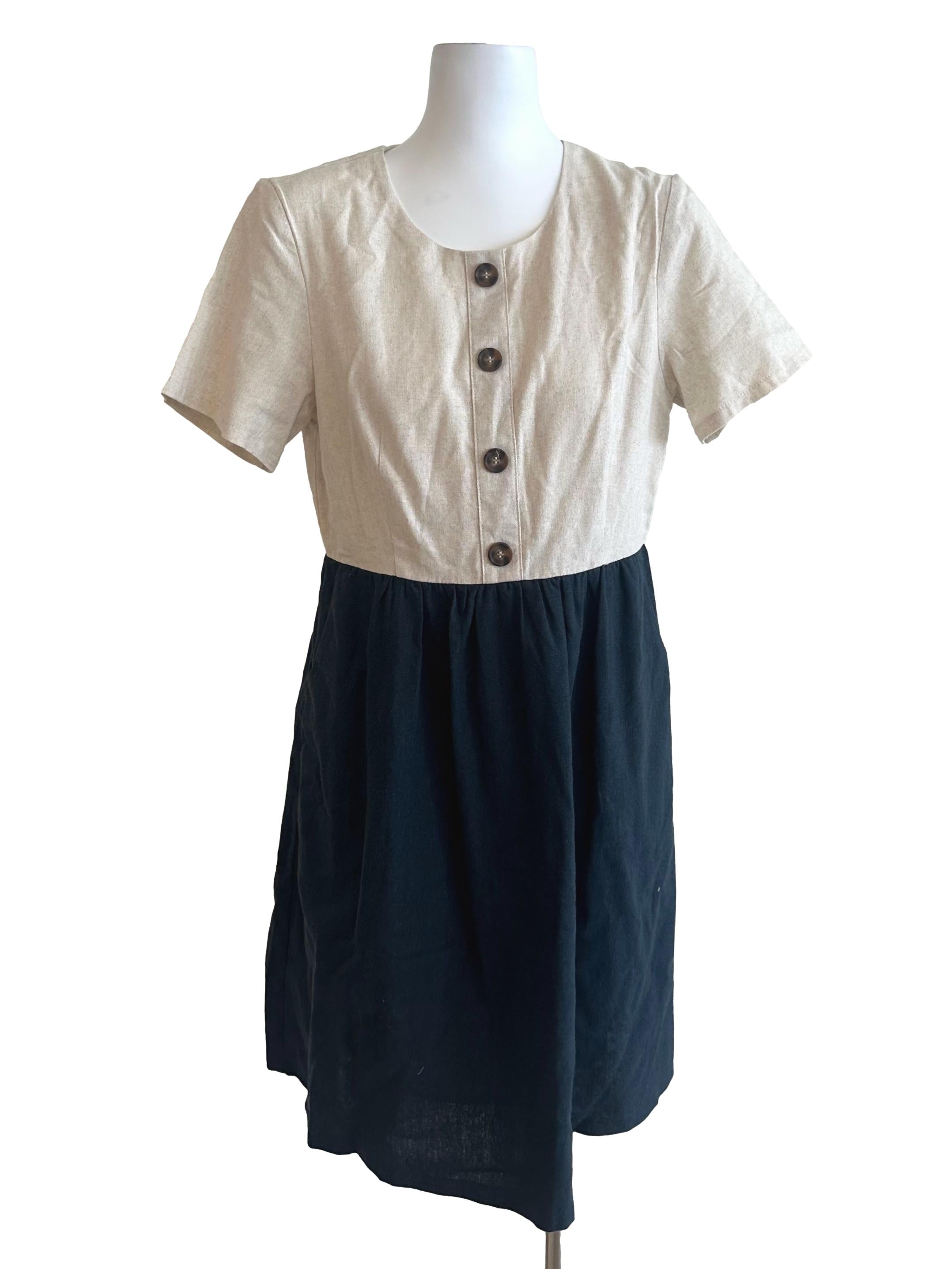 Beige Blue Button Short Sleeve Dress