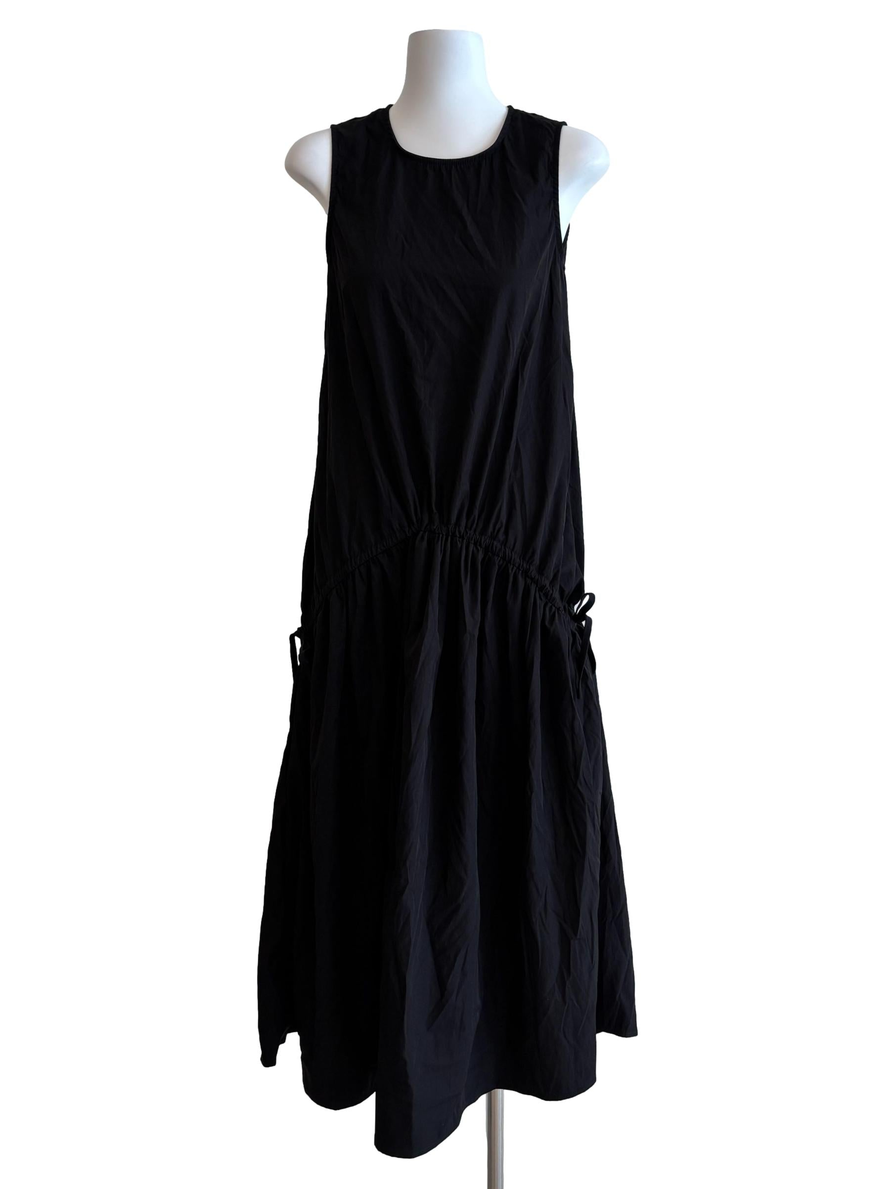 Soft Black Backless Ruched Cotton Dress