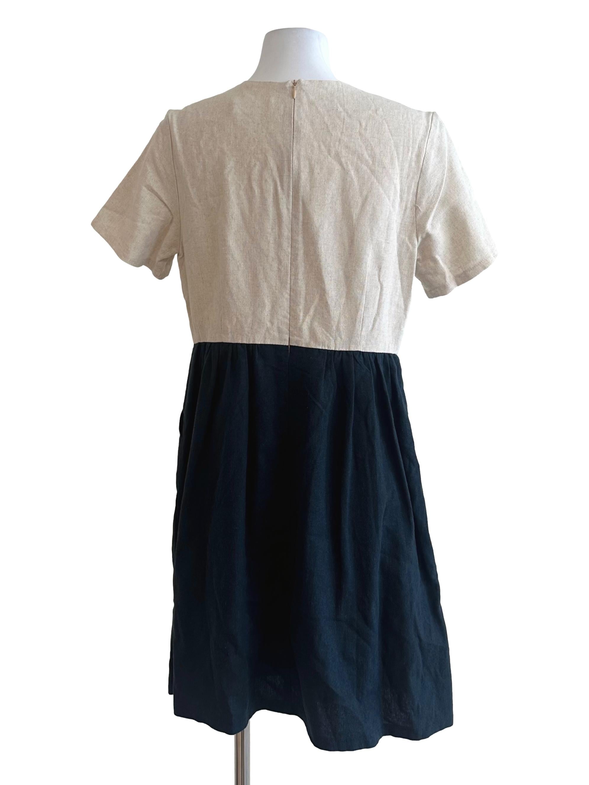Beige Blue Button Short Sleeve Dress