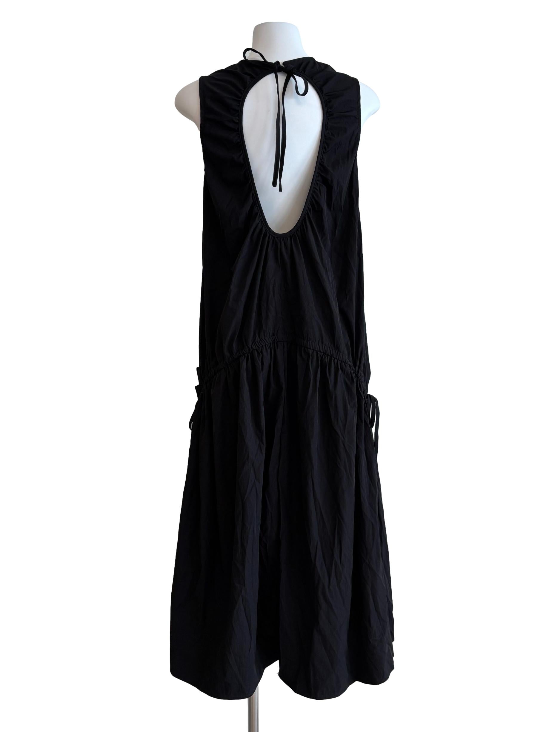 Soft Black Backless Ruched Cotton Dress