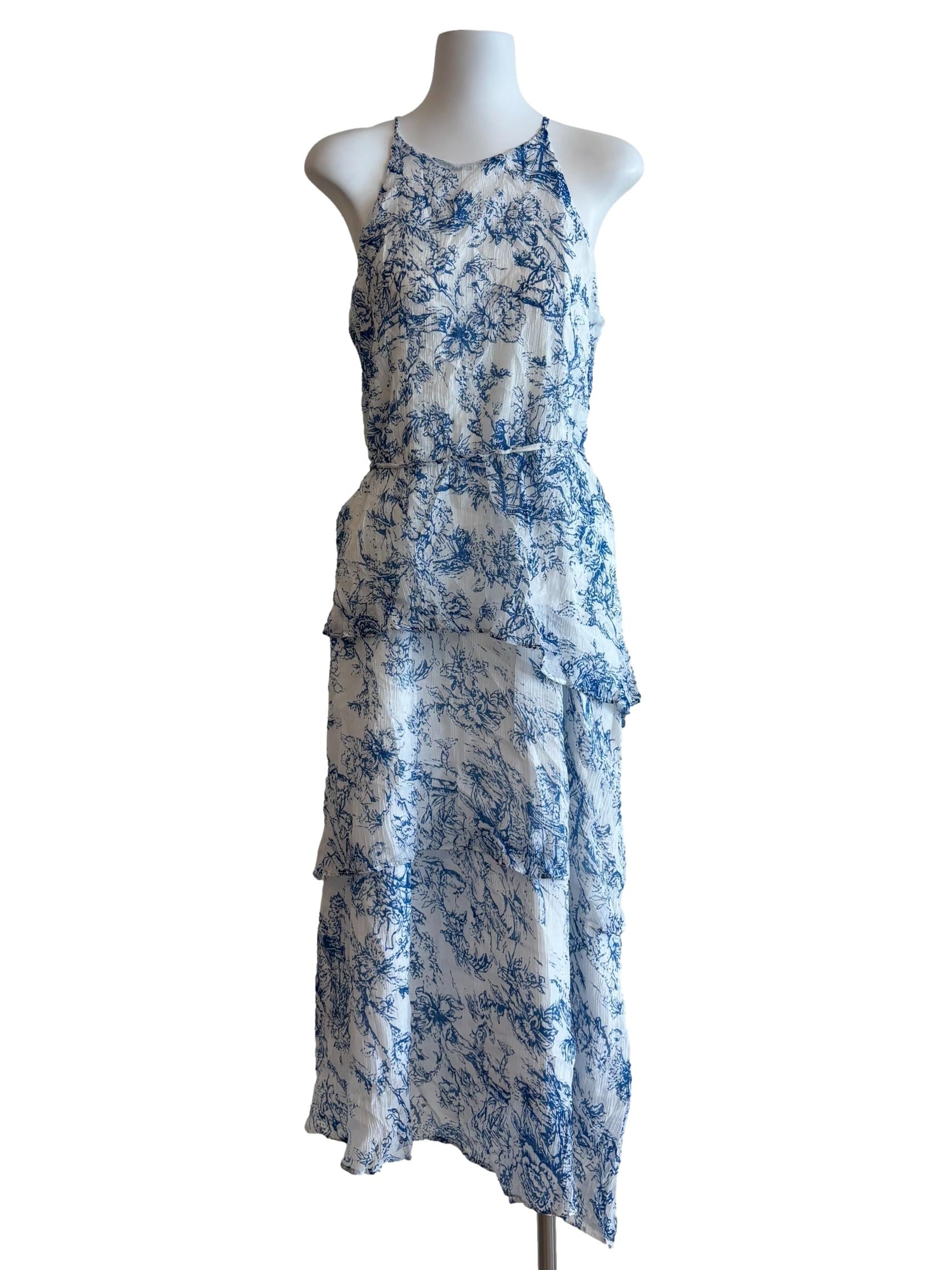 Powder White Blue Floral Tier Dress
