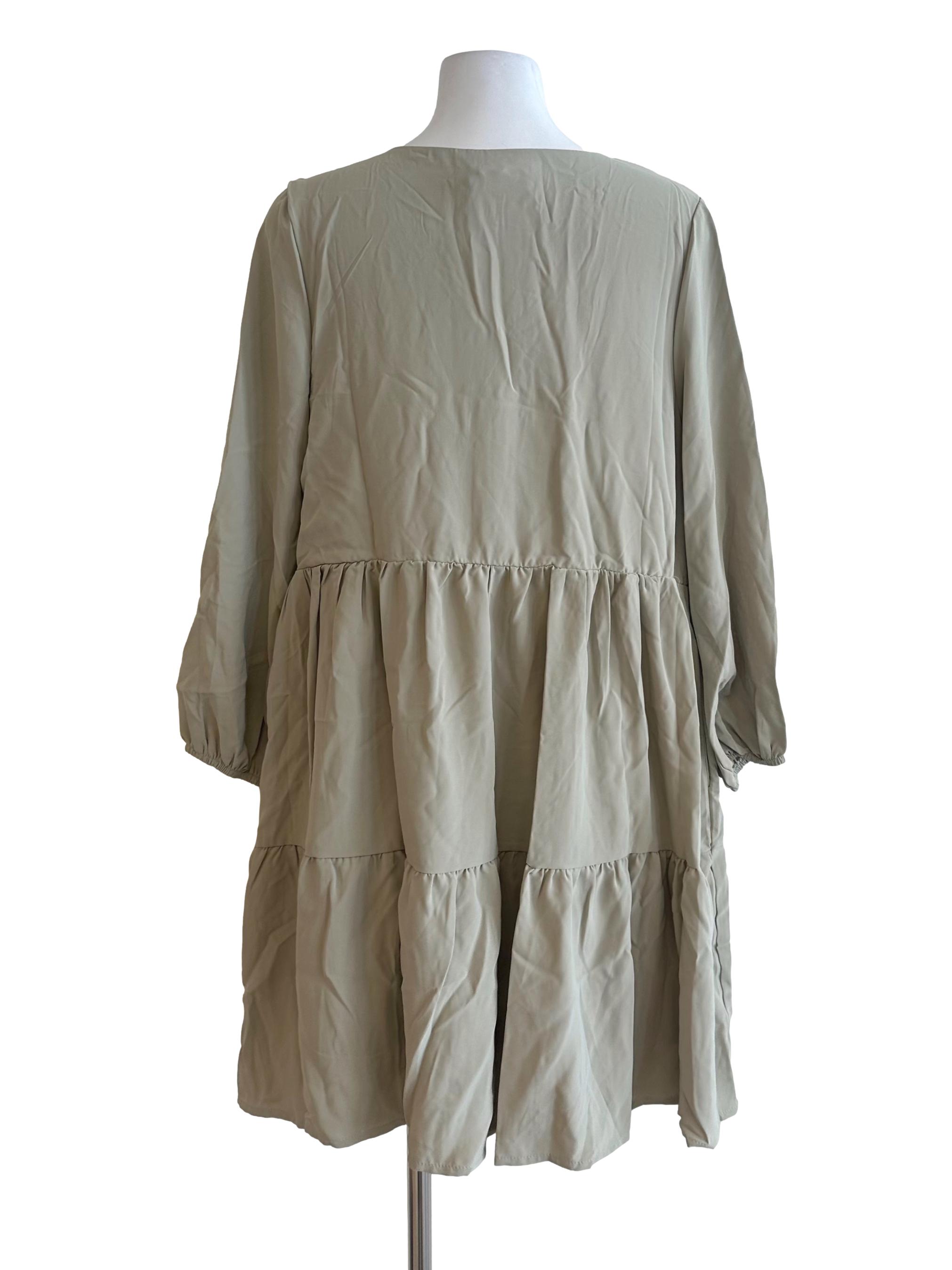 Sage Green Button Tiered Long Sleeve Dress