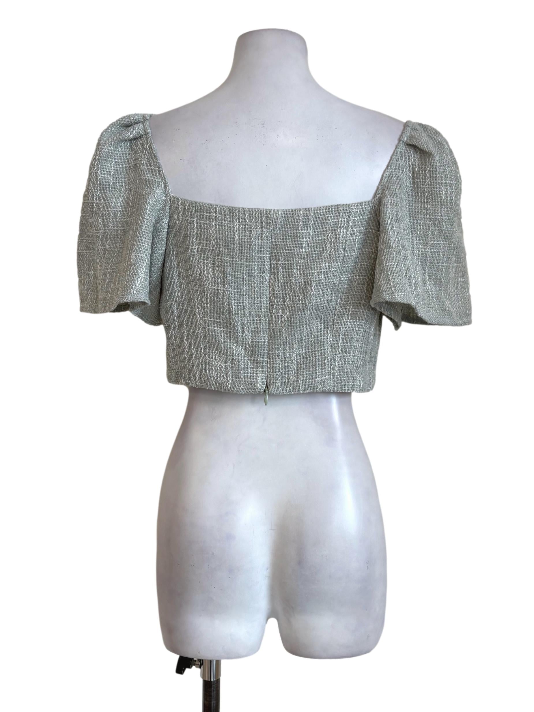 Sage Green Tweed Puffed Sleeves Crop Top