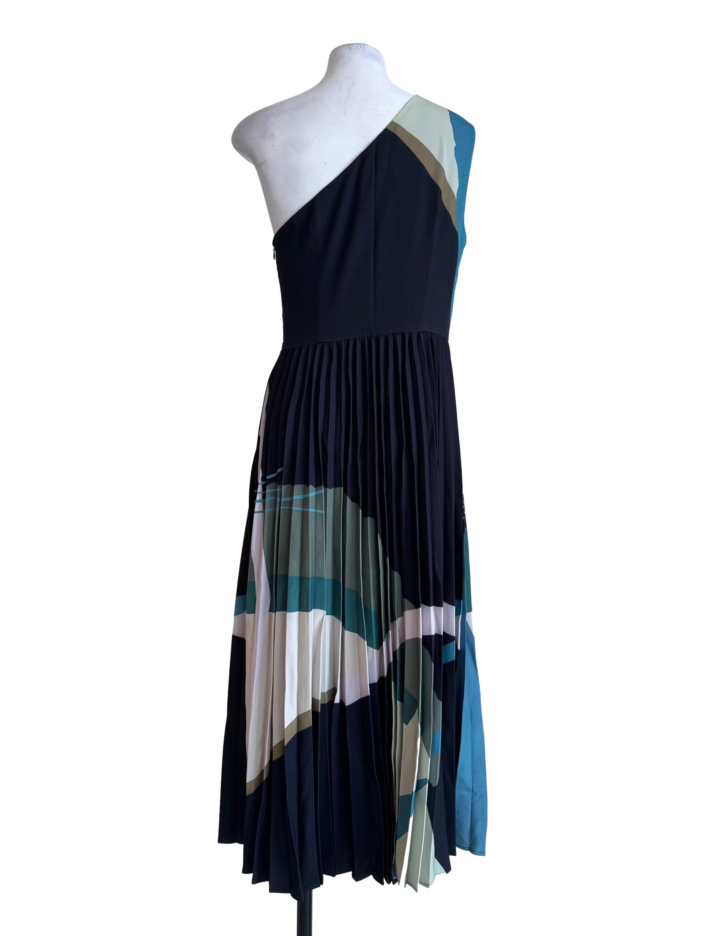 Dark Blue Mountains One-Shoulder Pleated Dress OSN