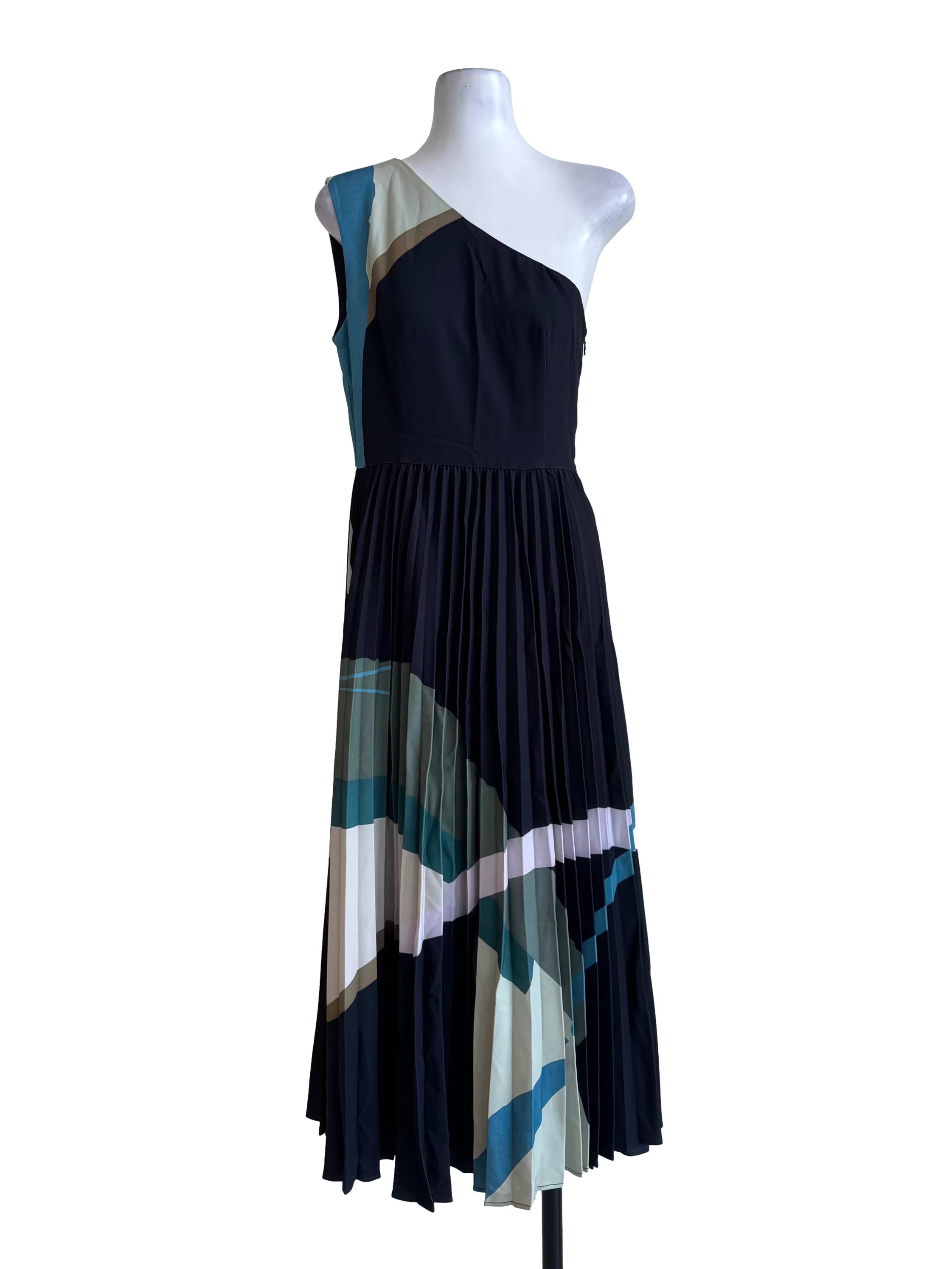 Dark Blue Mountains One-Shoulder Pleated Dress OSN