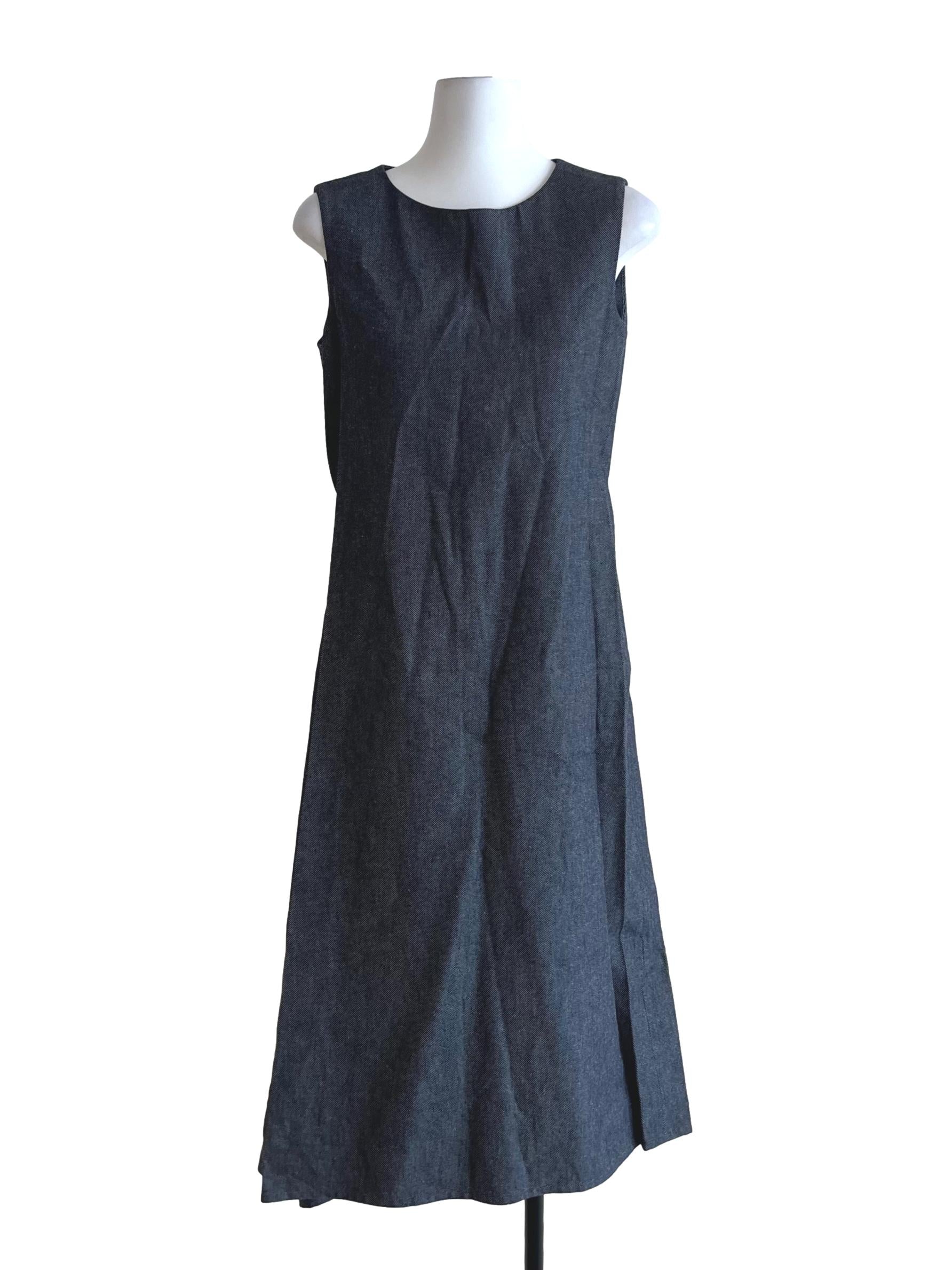 Navy Blue Denim Jewel Neckline Shift Dress