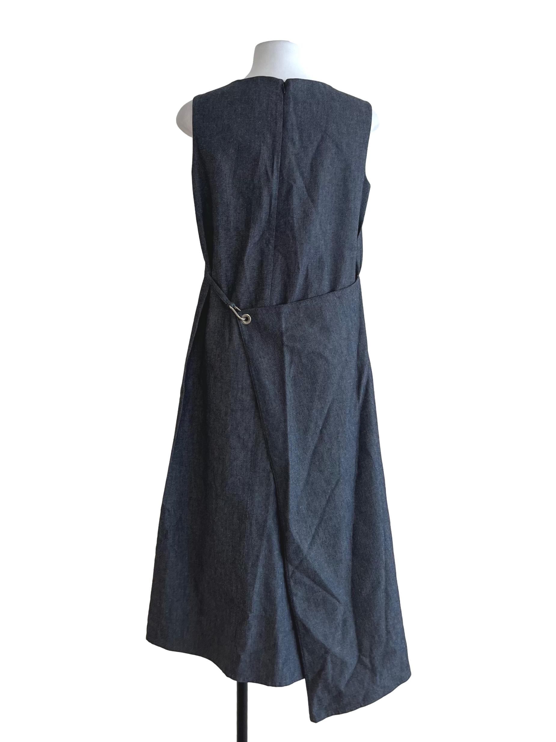 Navy Blue Denim Jewel Neckline Shift Dress