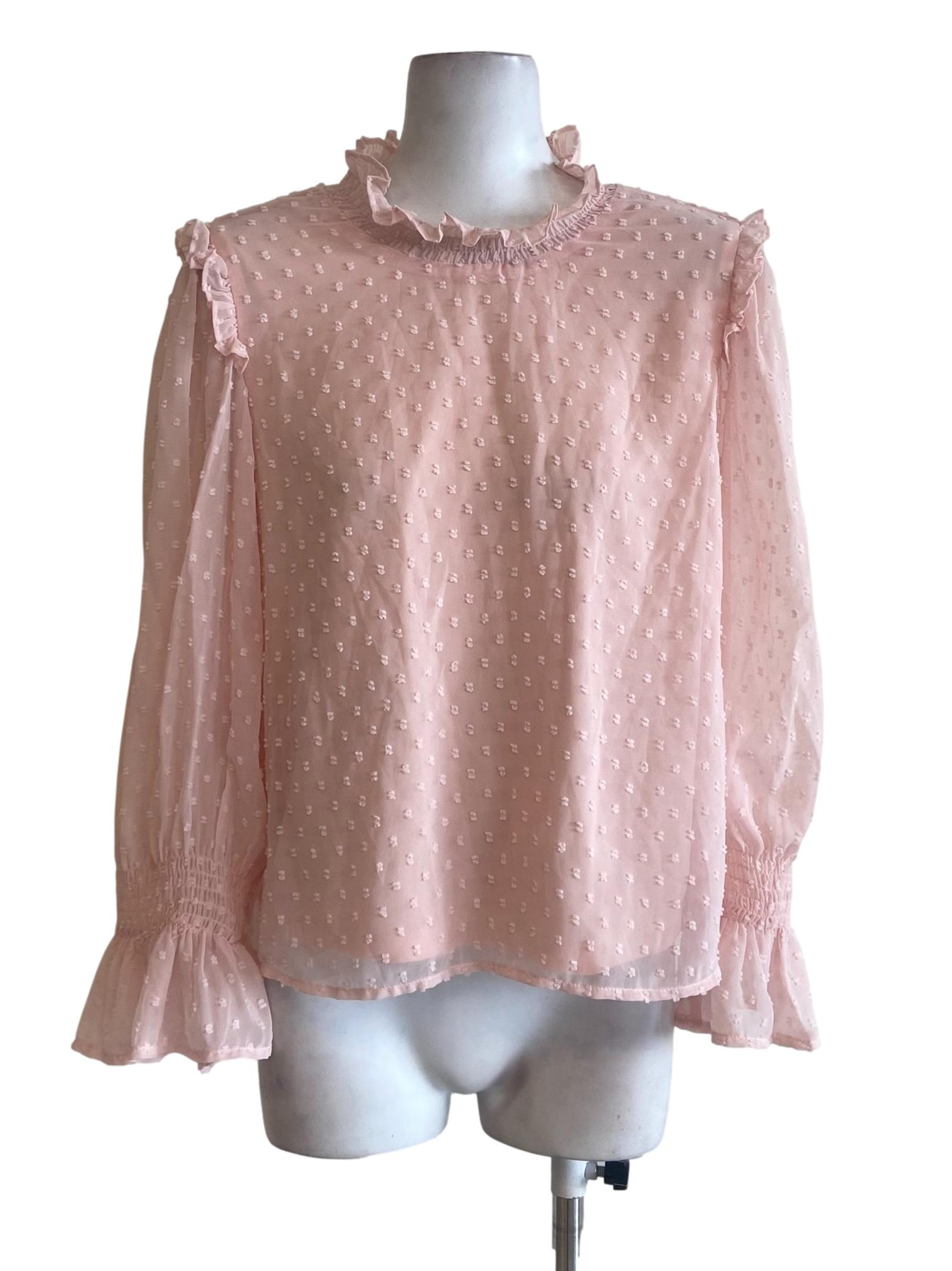 Salmon Pino & Dot Ruffled Neck Blouse