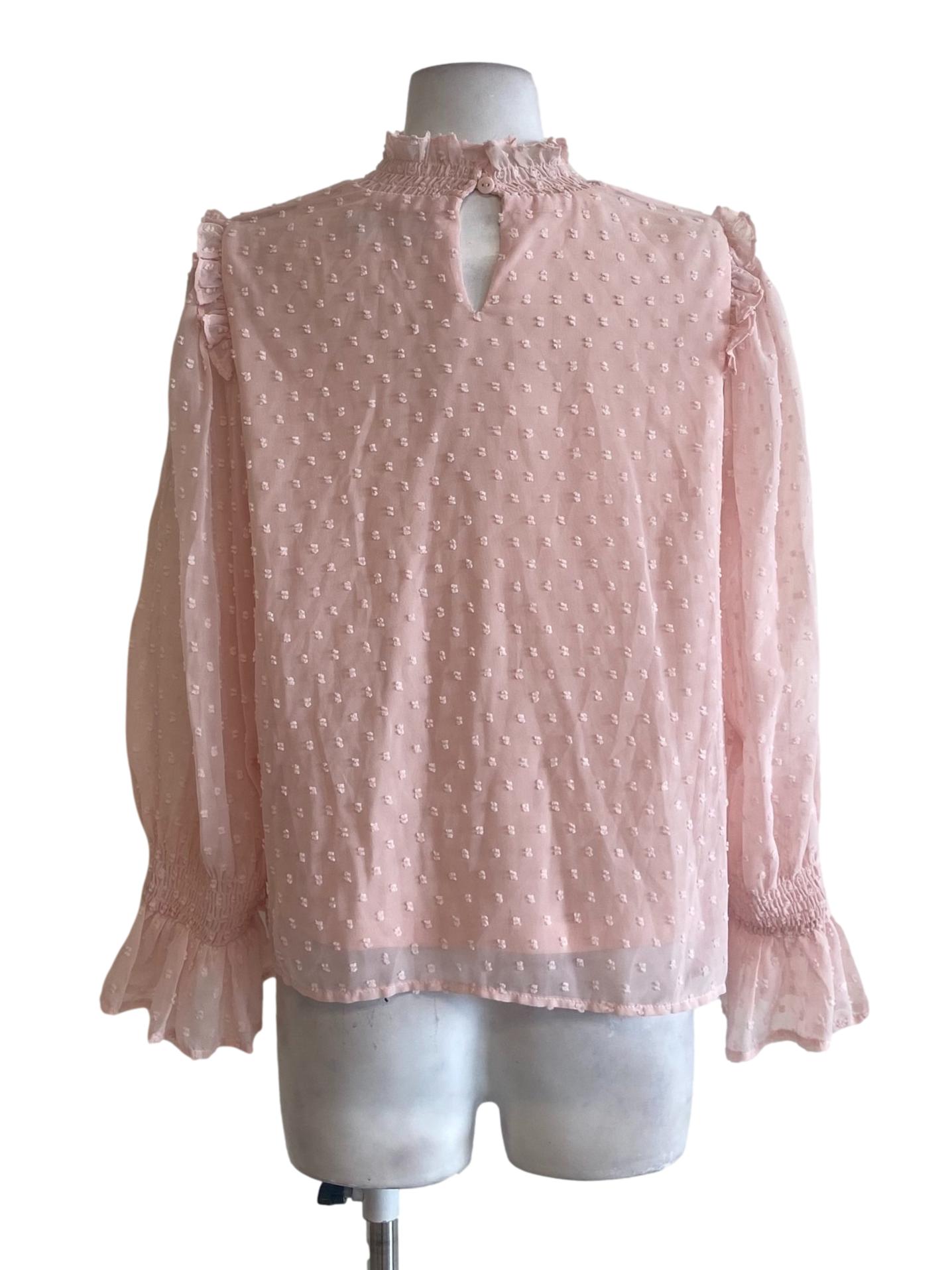 Salmon Pino & Dot Ruffled Neck Blouse