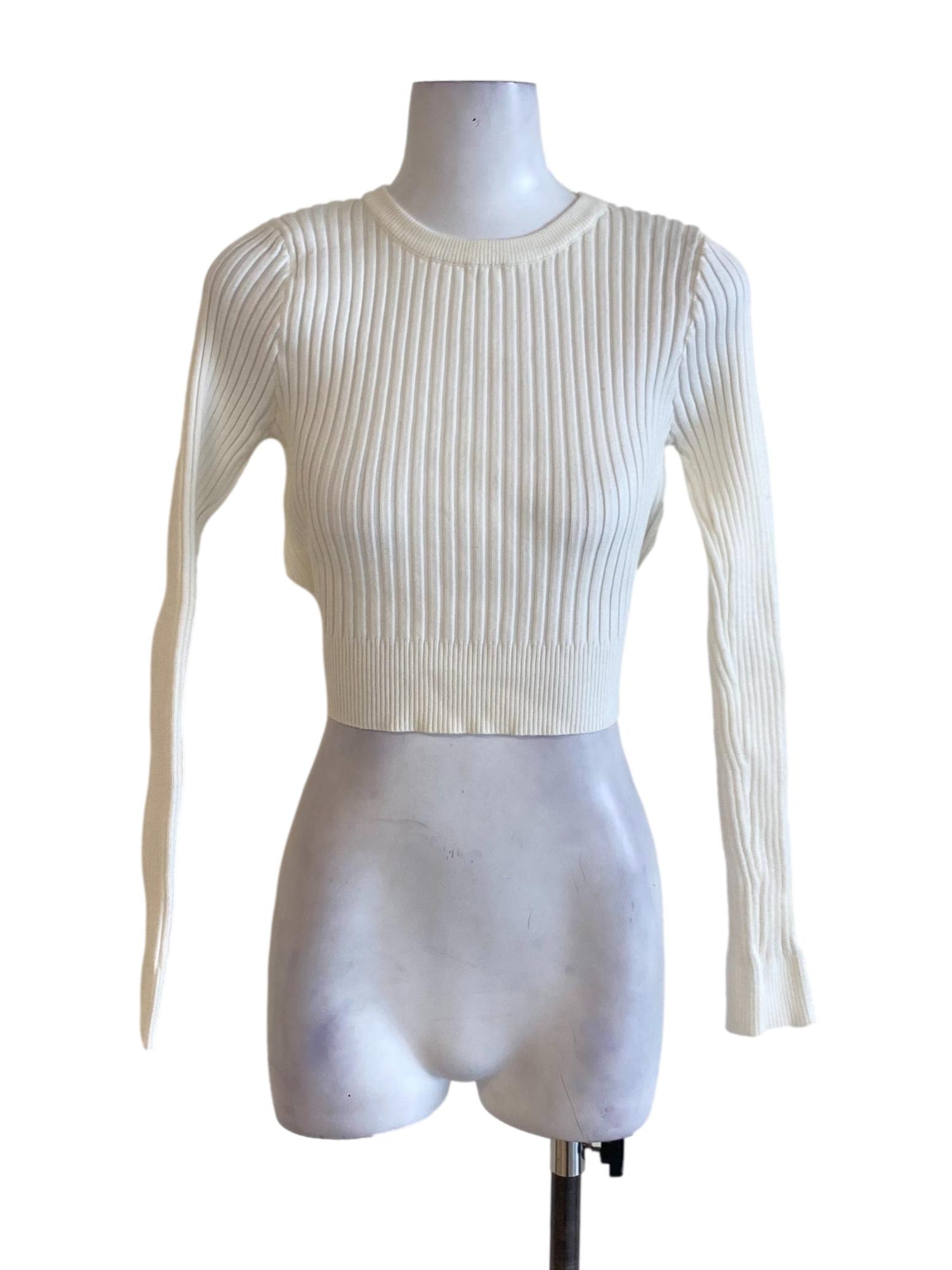 Soft White Round Neck Knitted Ribbon Shirt