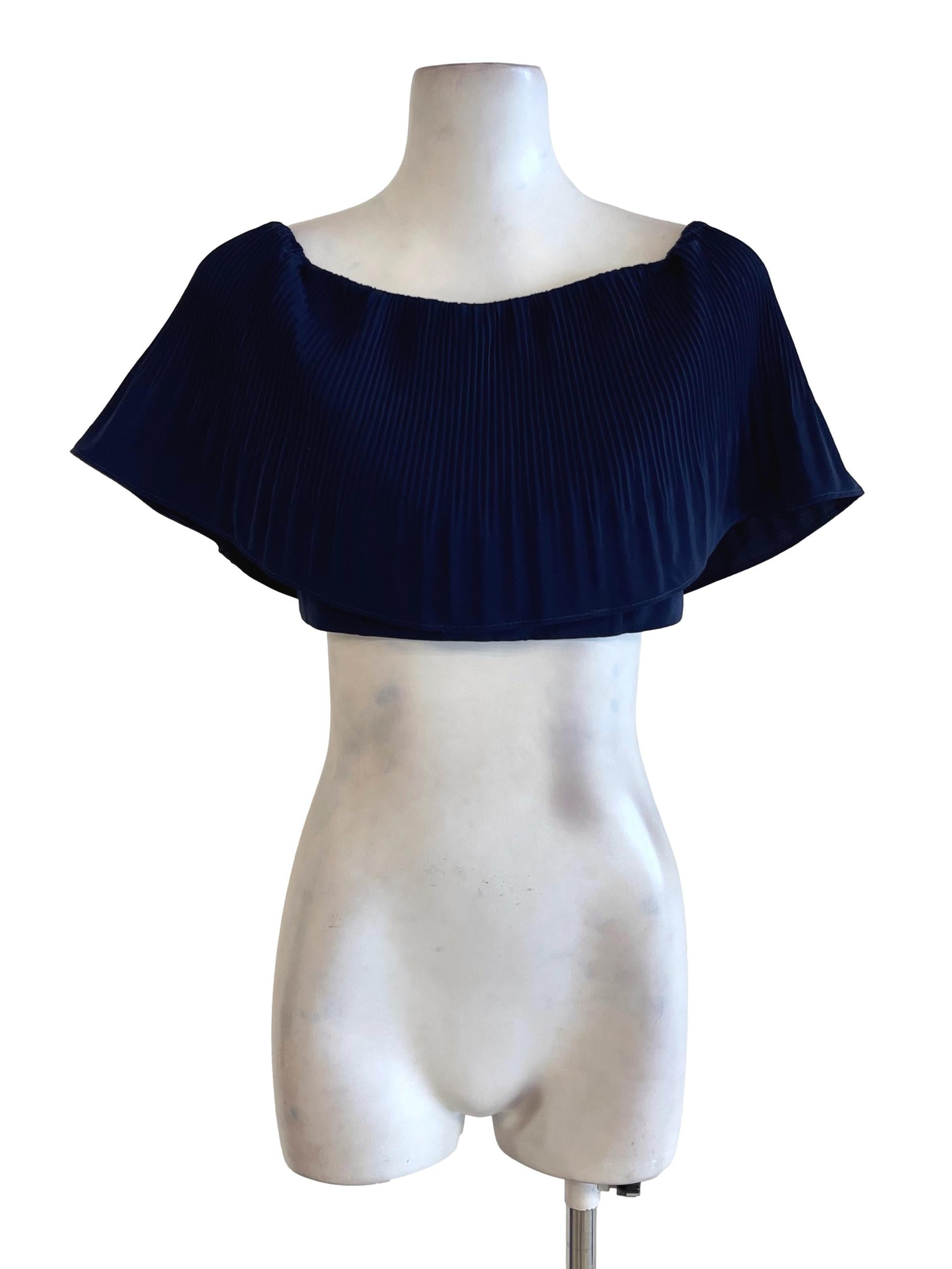 Navy Blue Pleated Off Shoulder Crop Top