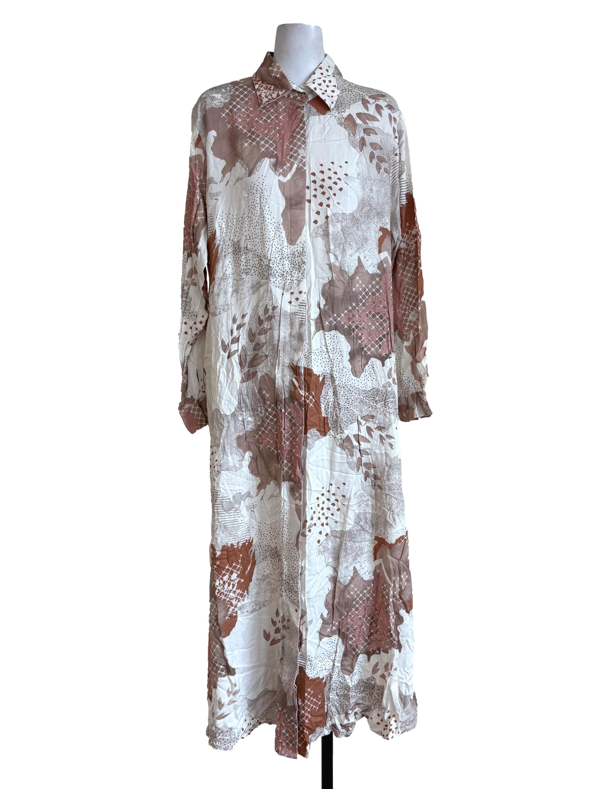 Beige Abstract Buttoned Shirt Dress