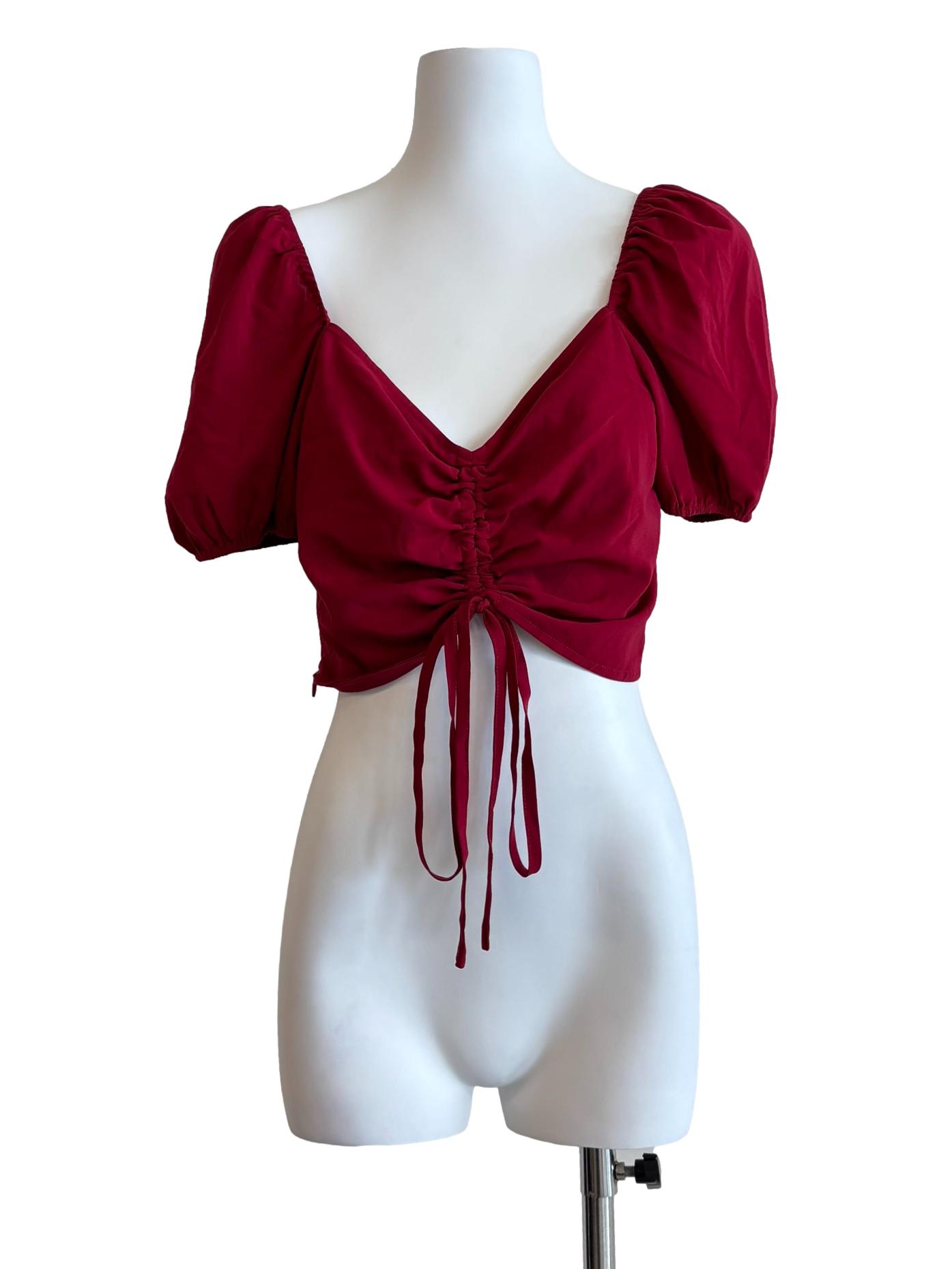 Carmine Red Puff Sleeve Ruched Blouse