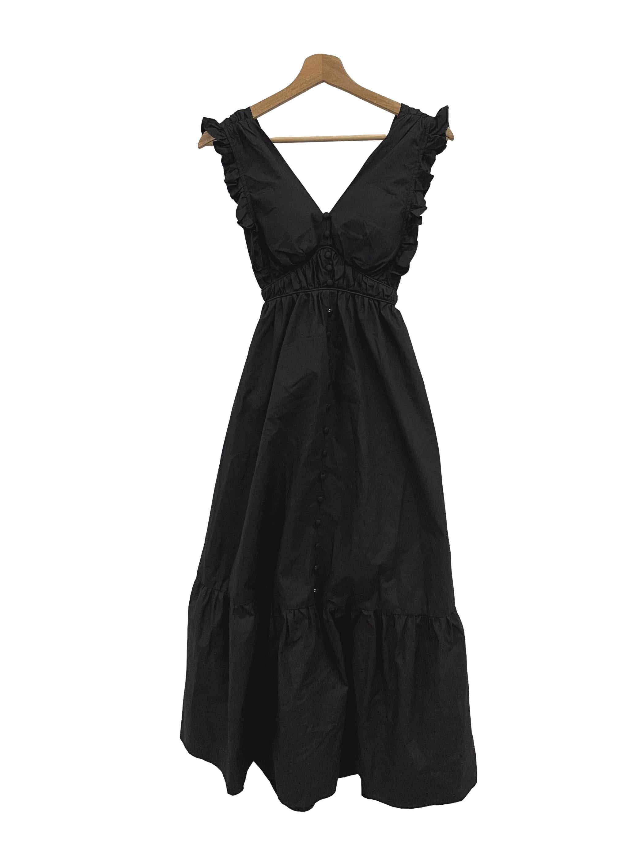 Black V-Neck Button Down Flutter Sleeve Maxi Dress