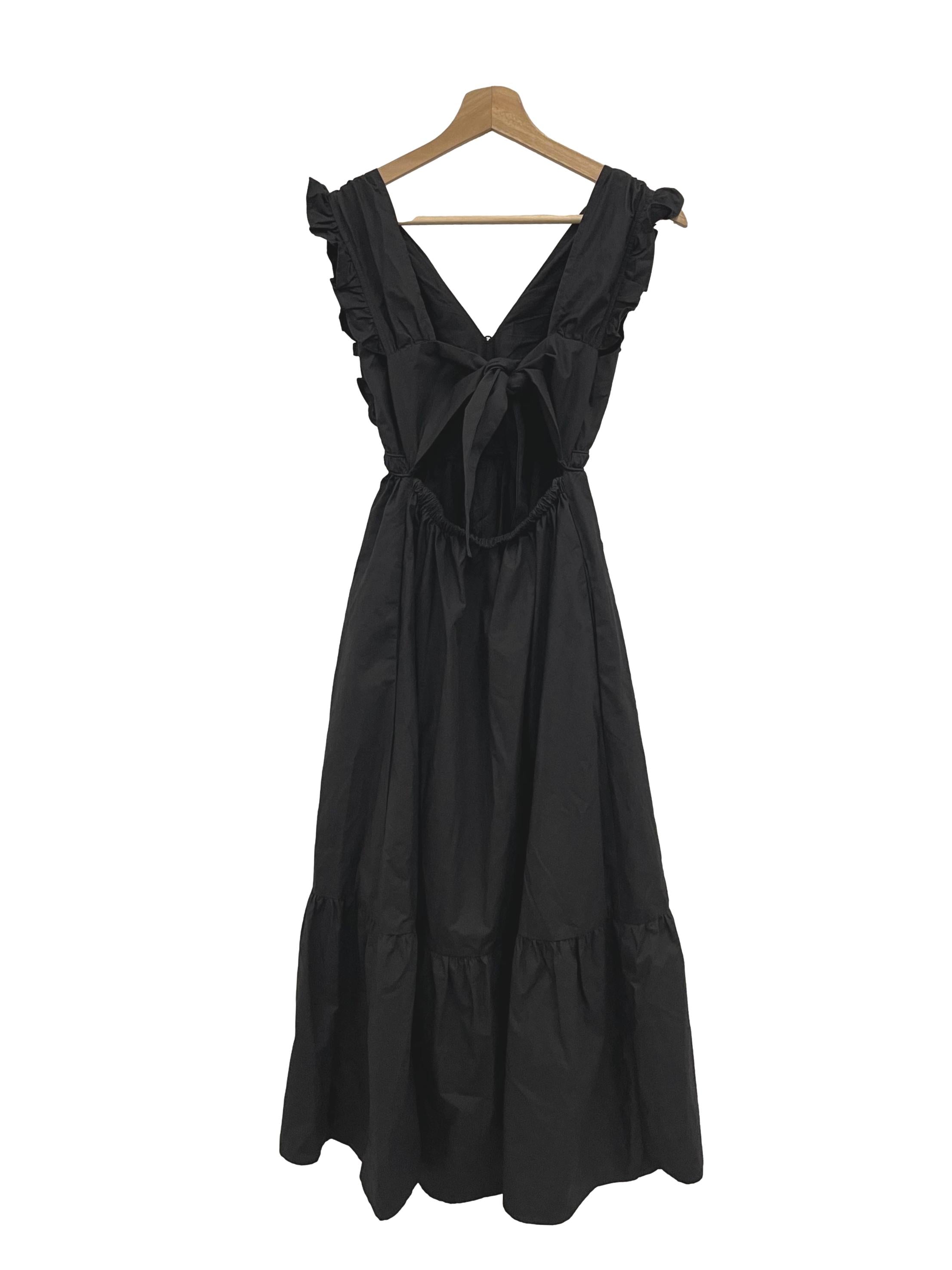 Black V-Neck Button Down Flutter Sleeve Maxi Dress