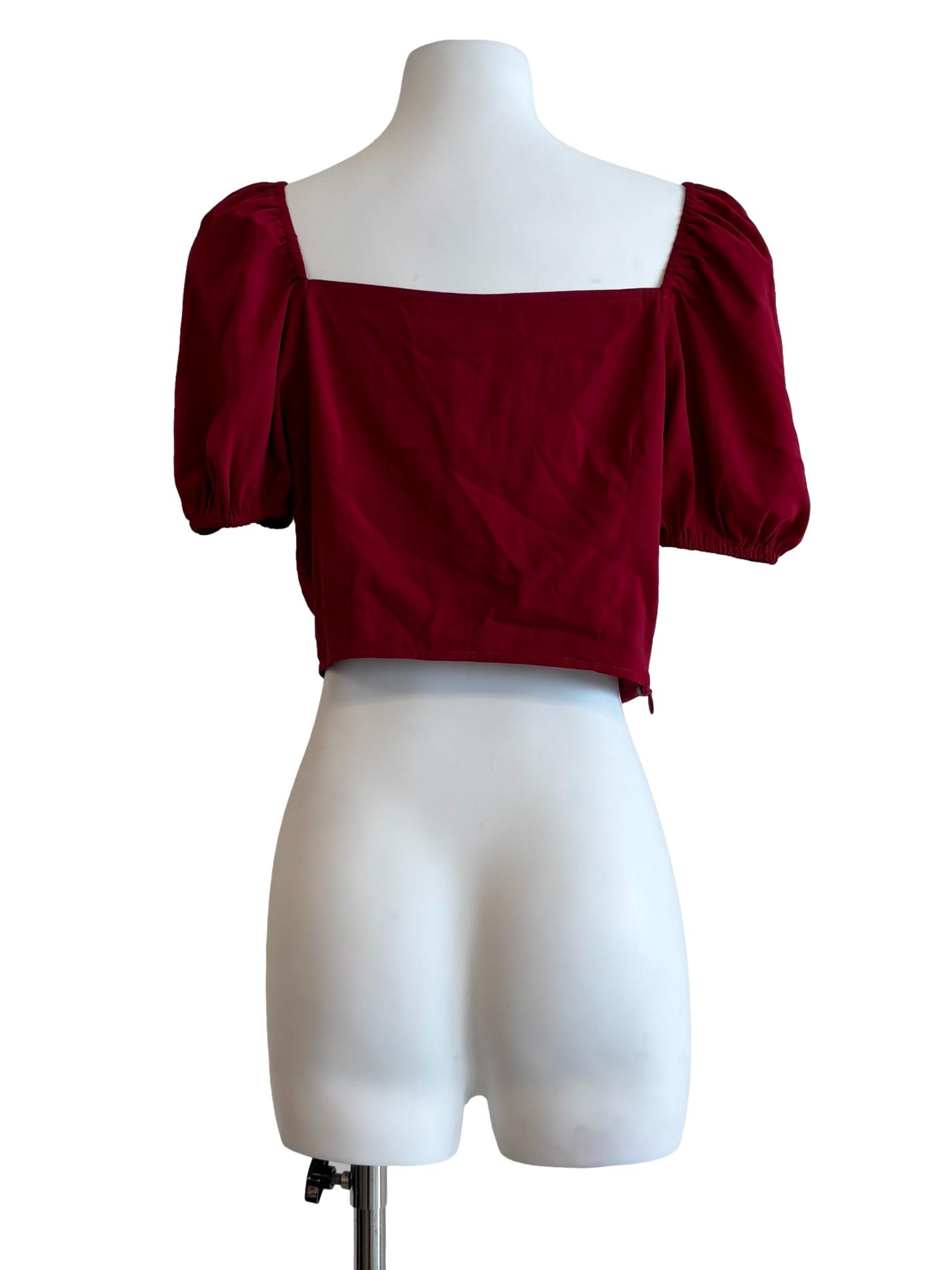 Carmine Red Puff Sleeve Ruched Blouse
