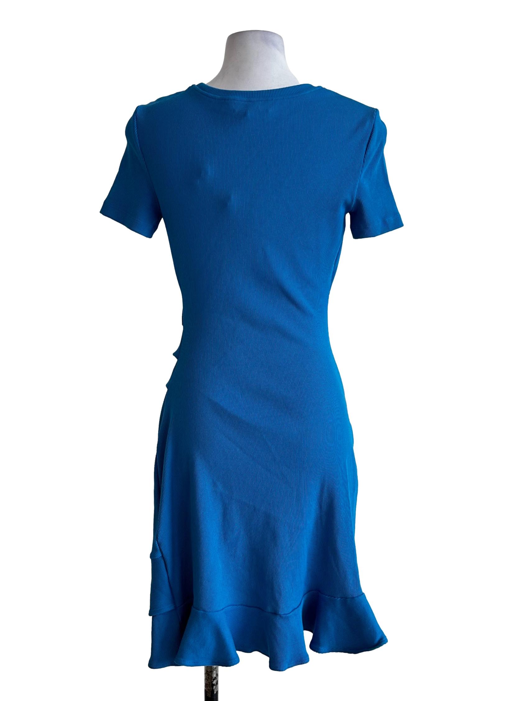 Blue Ribbed Short Sleeves Dress