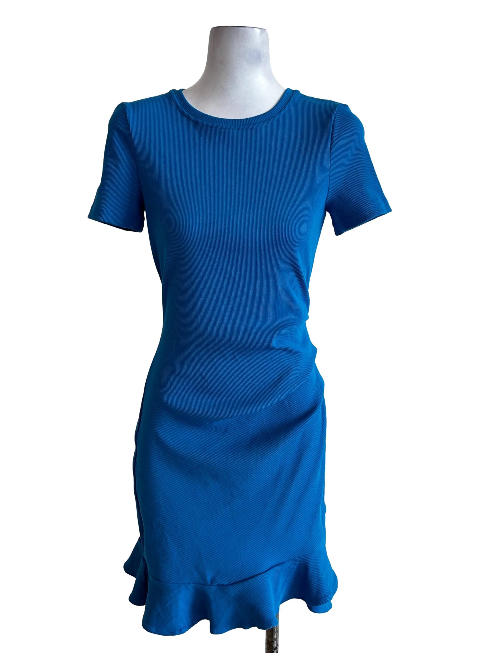 Blue Ribbed Short Sleeves Dress