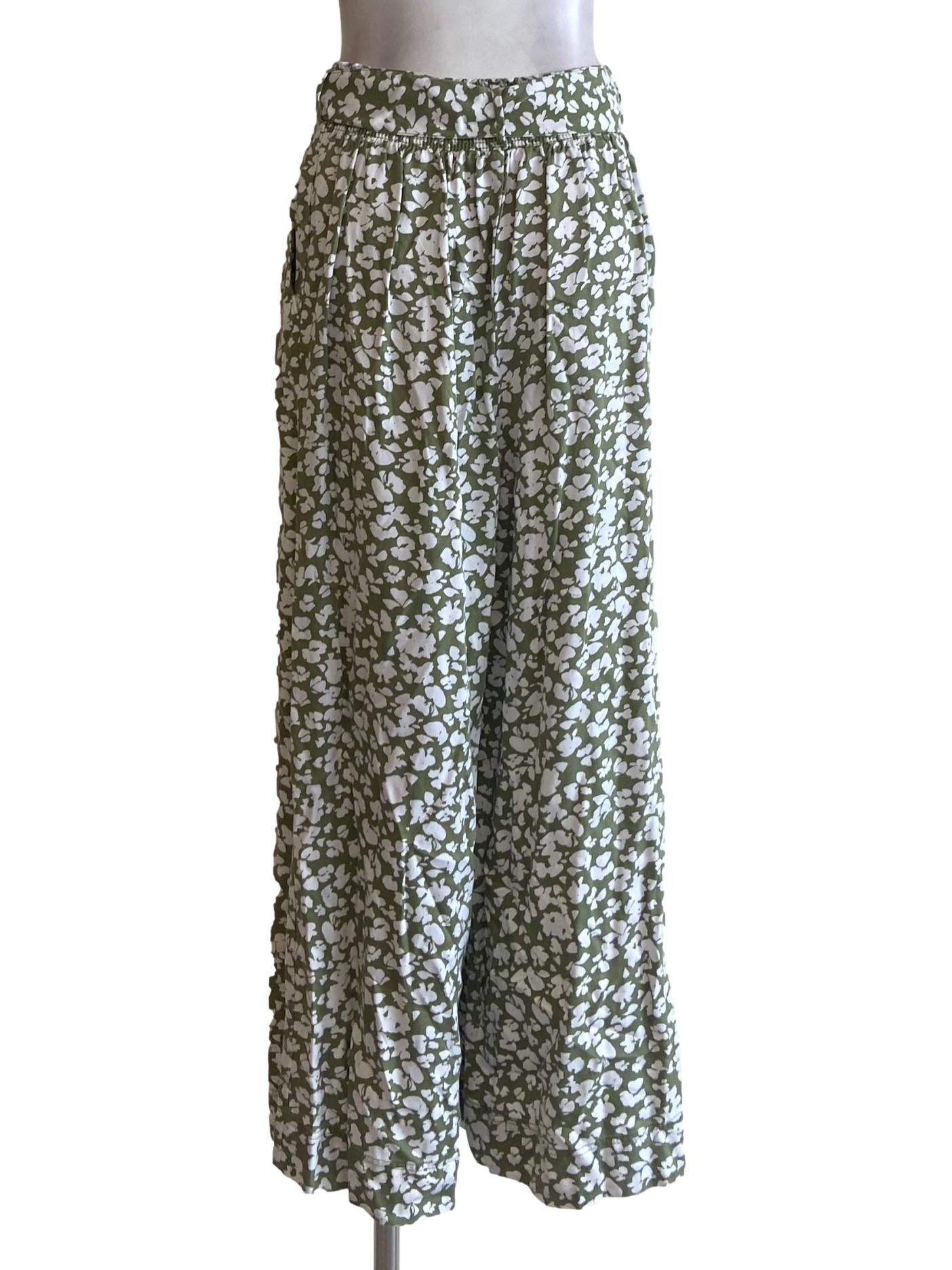 Olive Green & White Floral Formal Pants