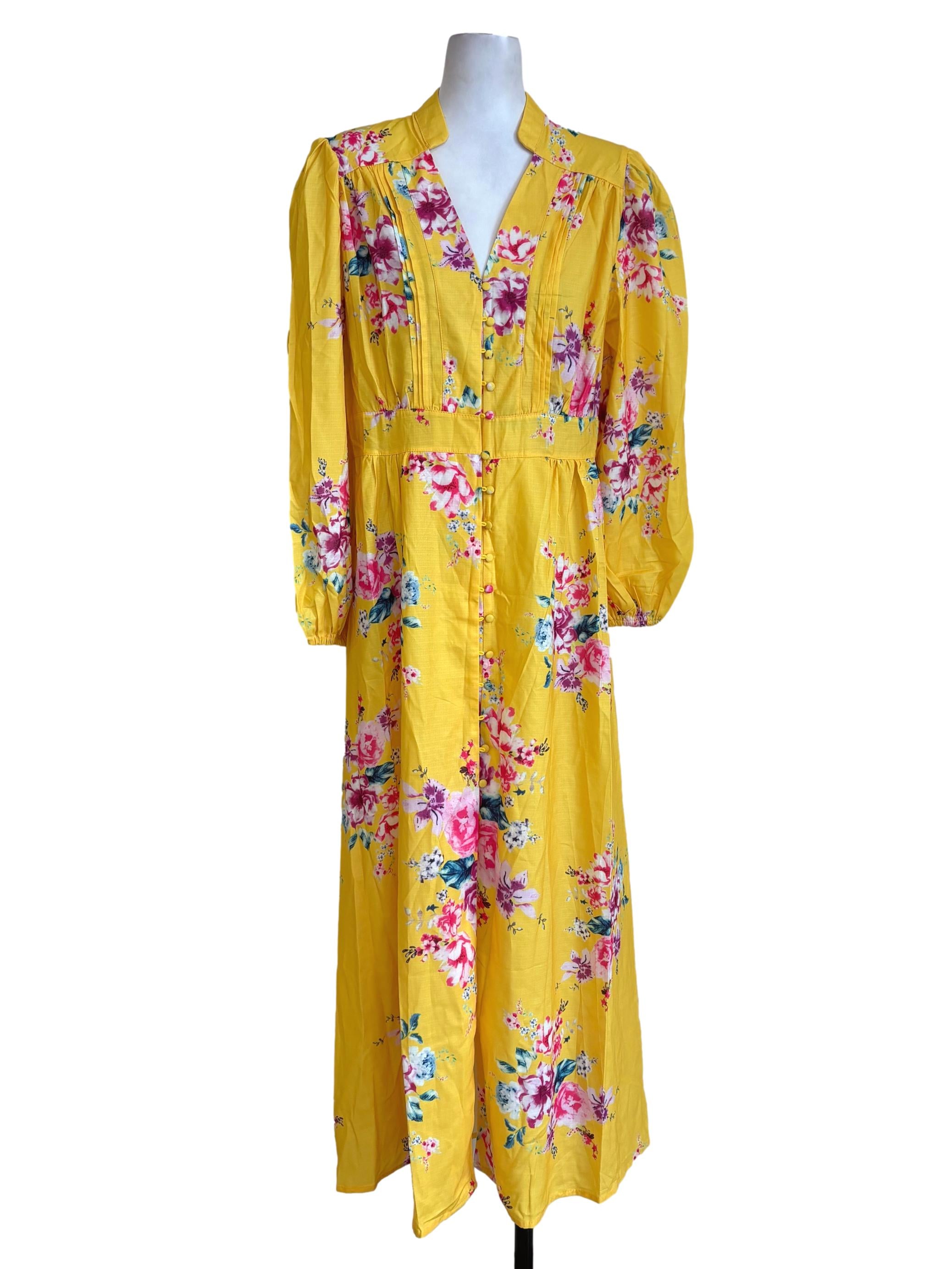 Butter Yellow Floral Buttoned Dress