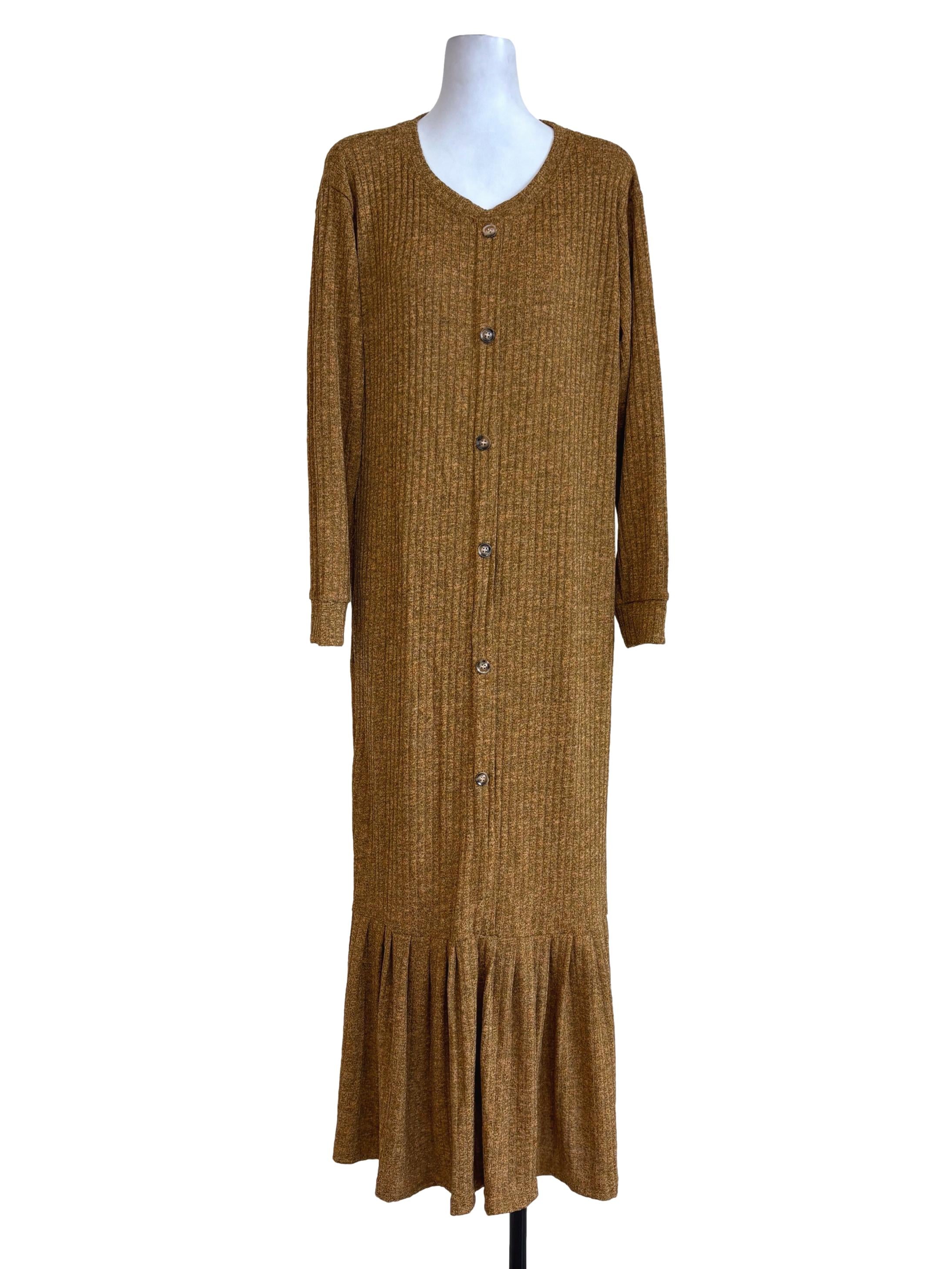 Mustard Yellow Ribbed Knit Flounce Dress