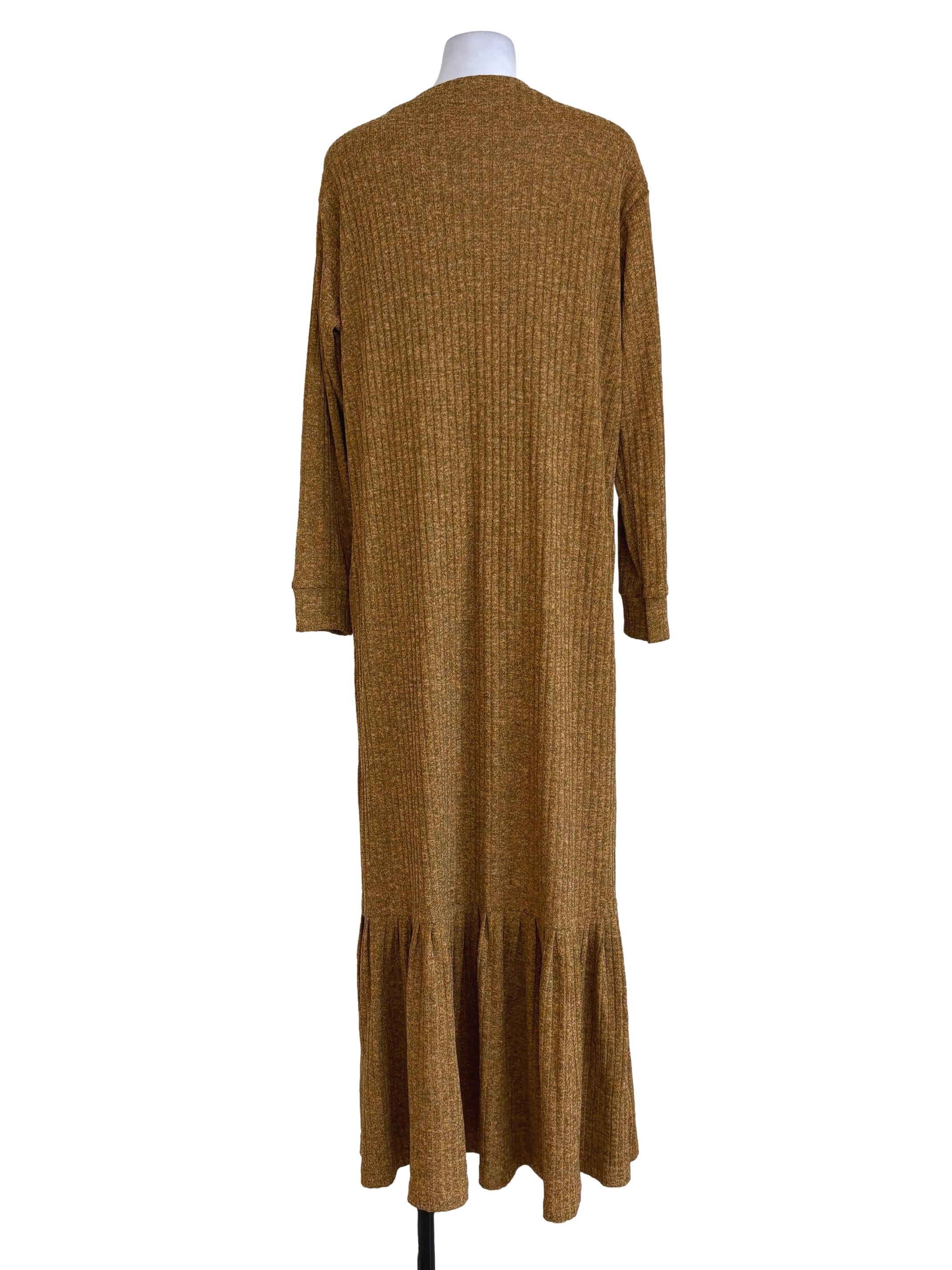 Mustard Yellow Ribbed Knit Flounce Dress