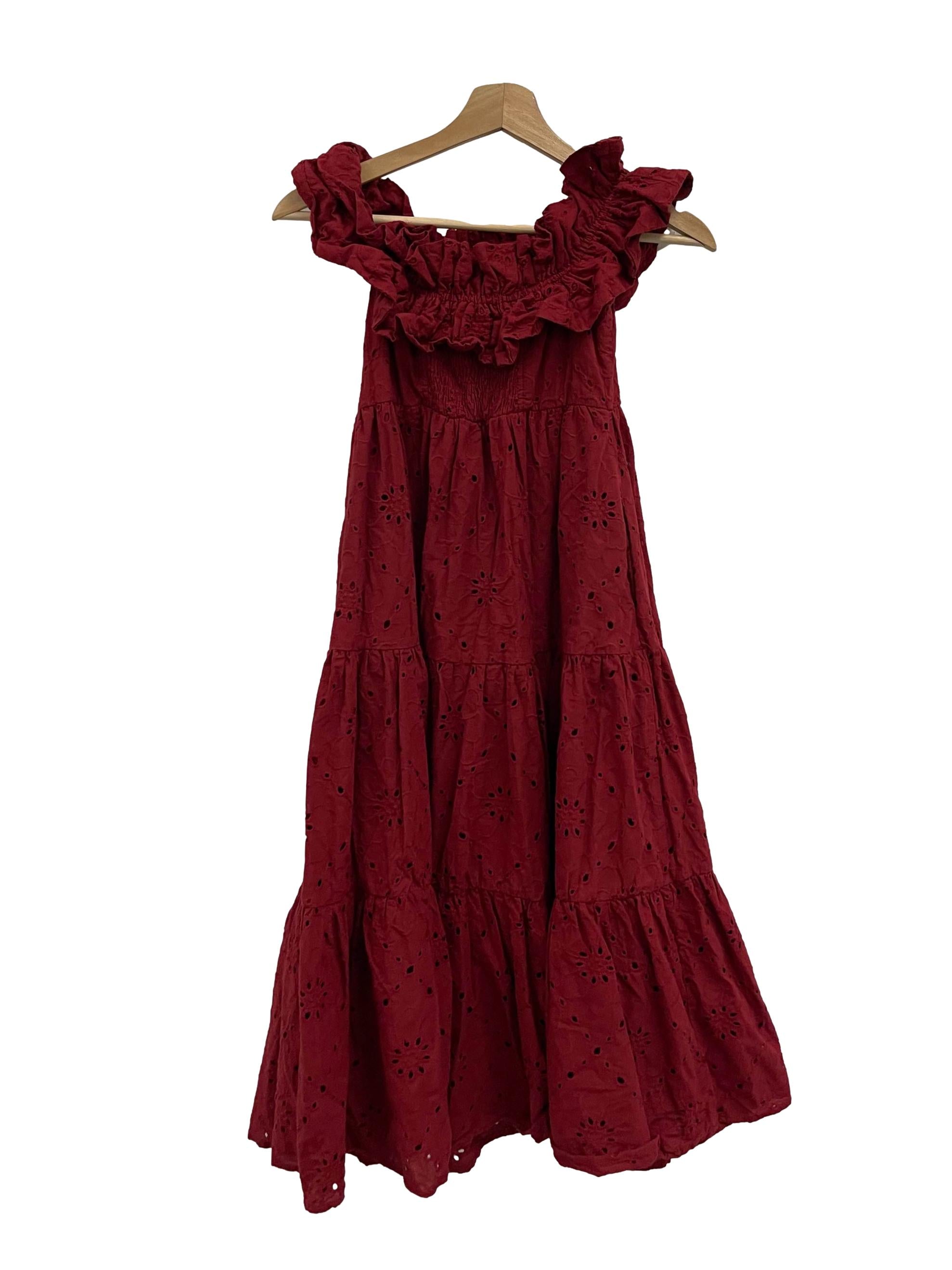 Maroon Floral Eyelet Midi Ruffle Dress