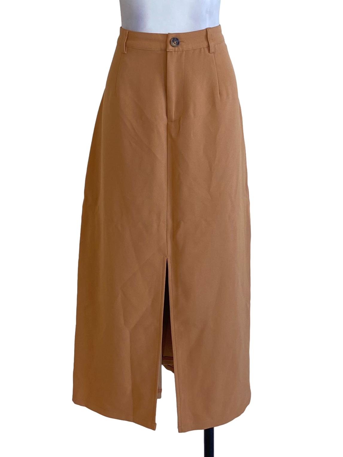 Light Tawny Brown Buttoned Long Slit A-Line Skirt TWL