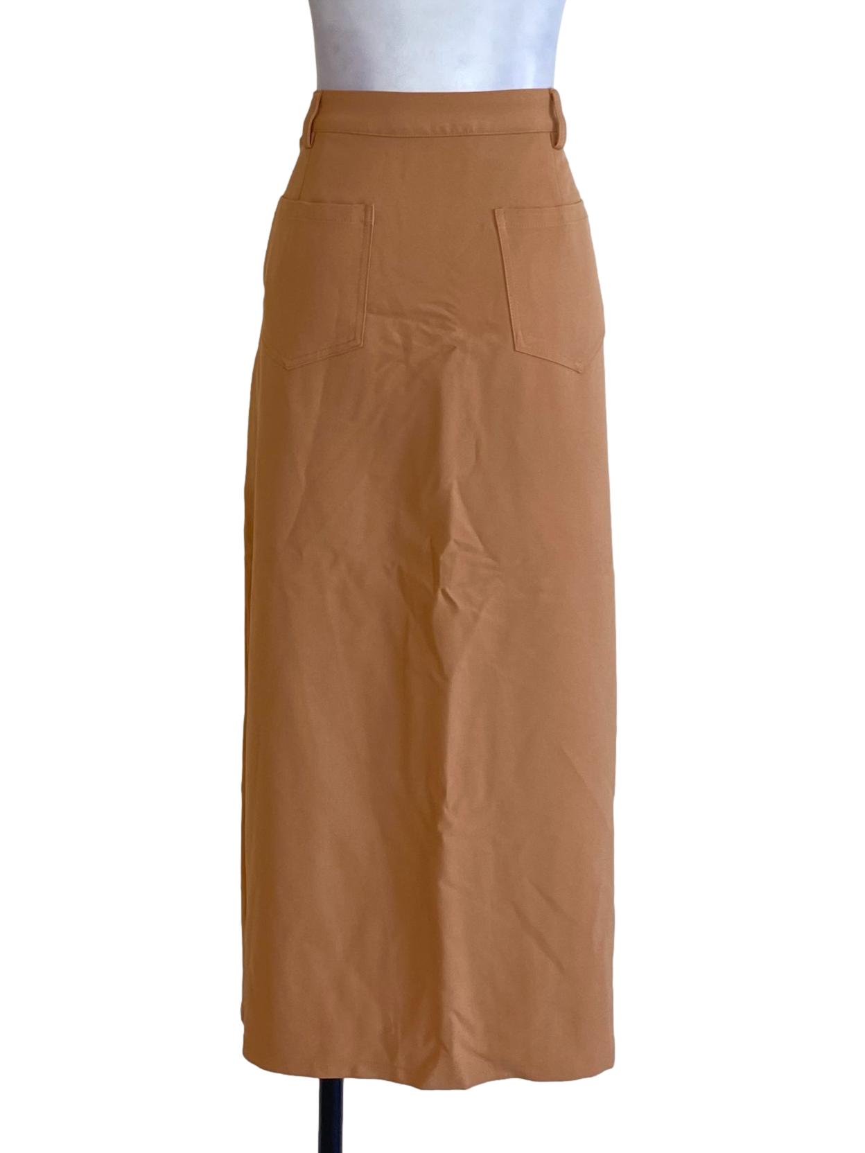 Light Tawny Brown Buttoned Long Slit A-Line Skirt TWL