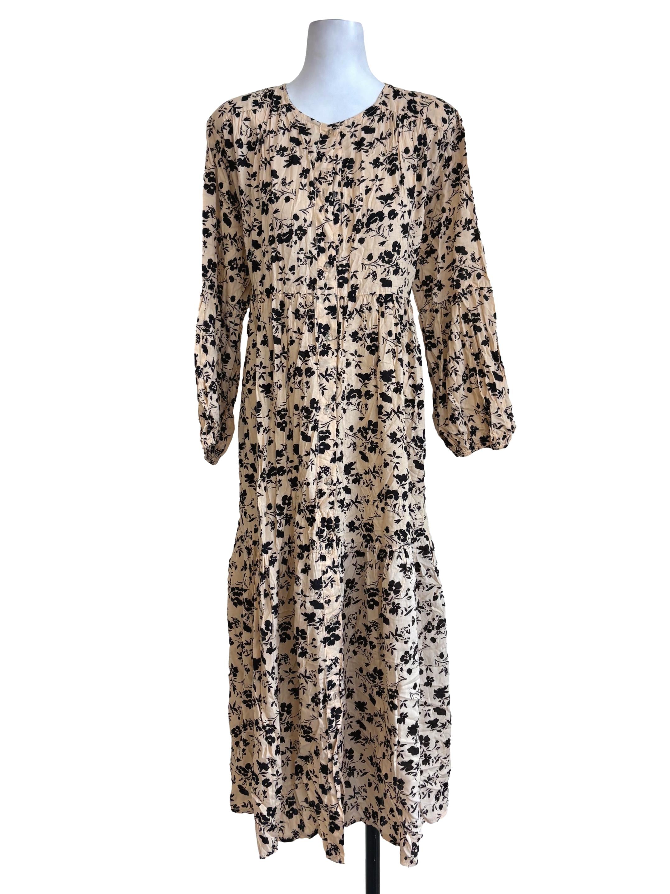 Eggnog Floral Tiered Buttoned Dress