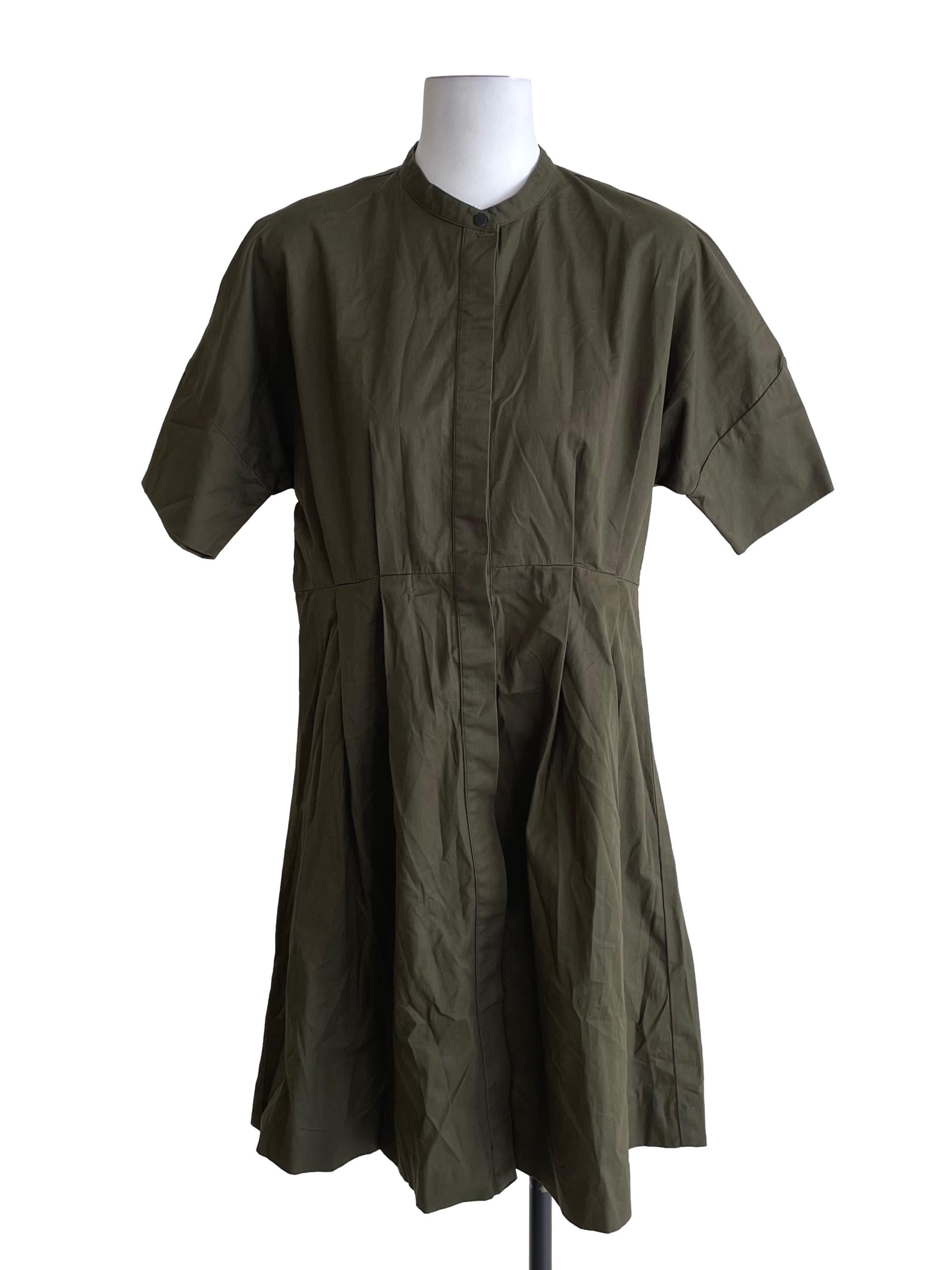 Moss Green Round Neck Pleated Shirt Dress BTV