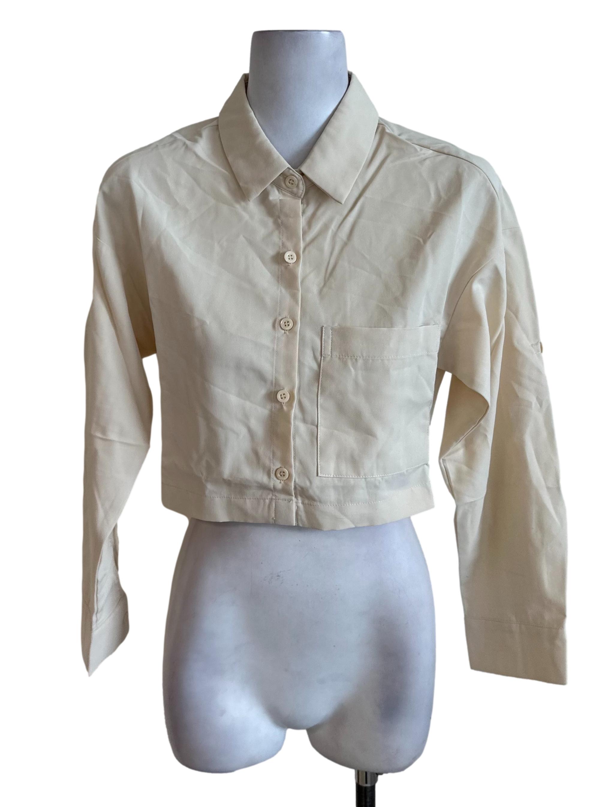 Cream Beige Collar Long Sleeve Top