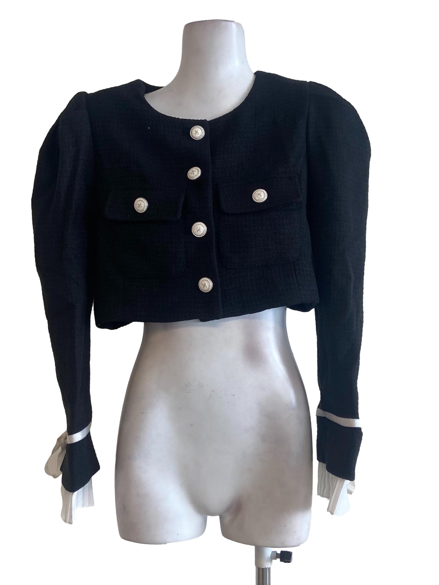 Black Tweed Button Down Crop Cardigan
