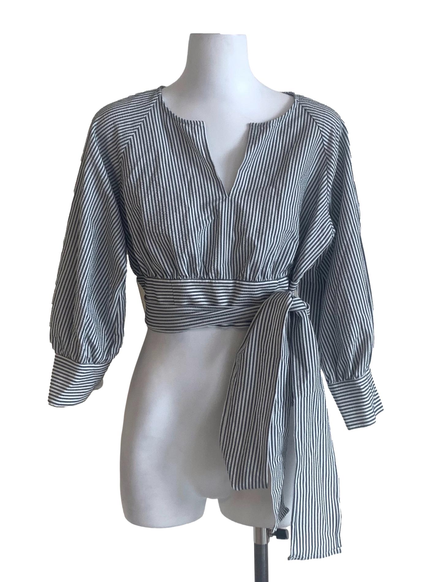 Black Bengal Stripe Bishop Sleeves Top LB
