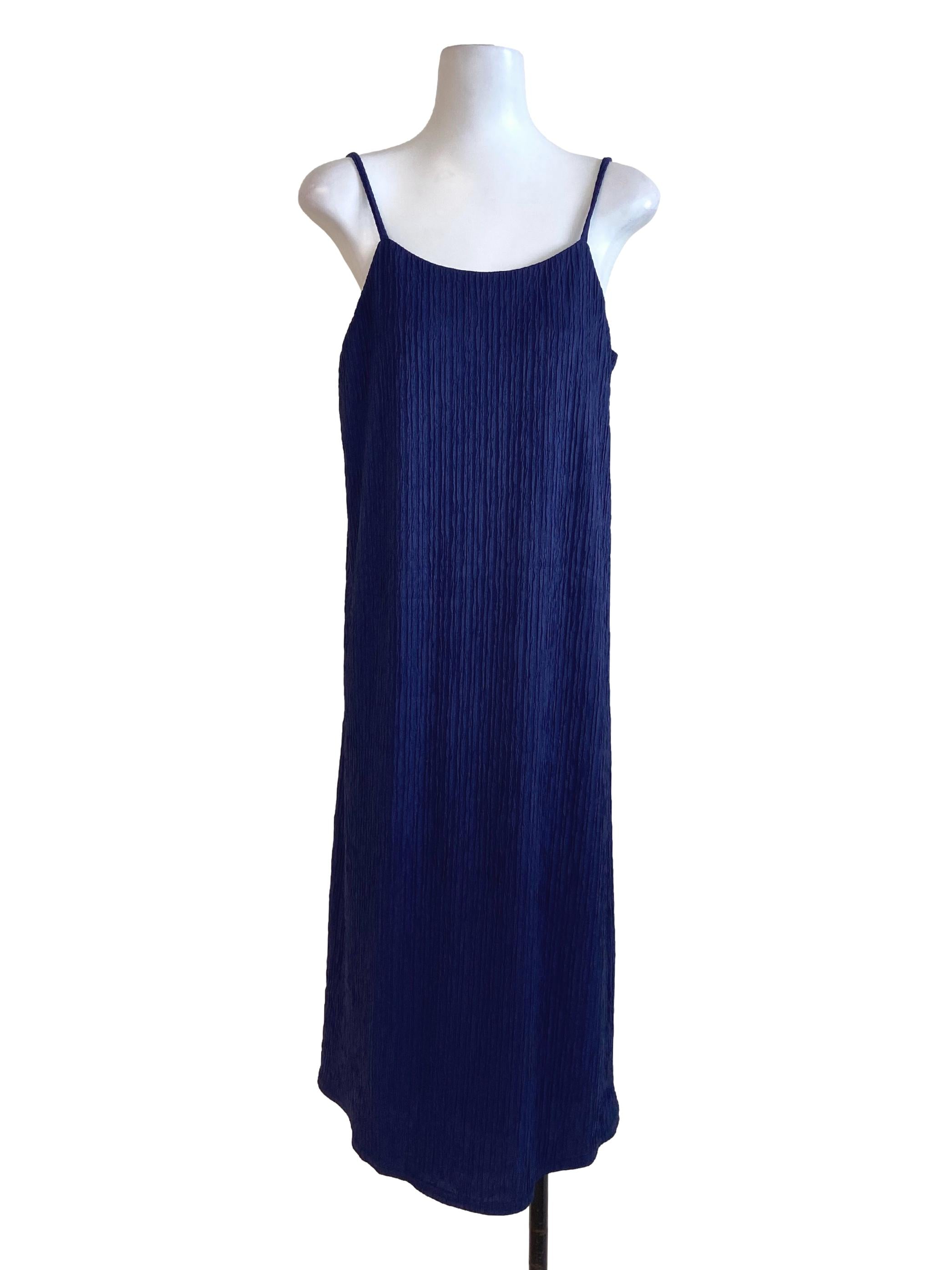 Navy Blue Spaghetti Strap Wrinkle Dress