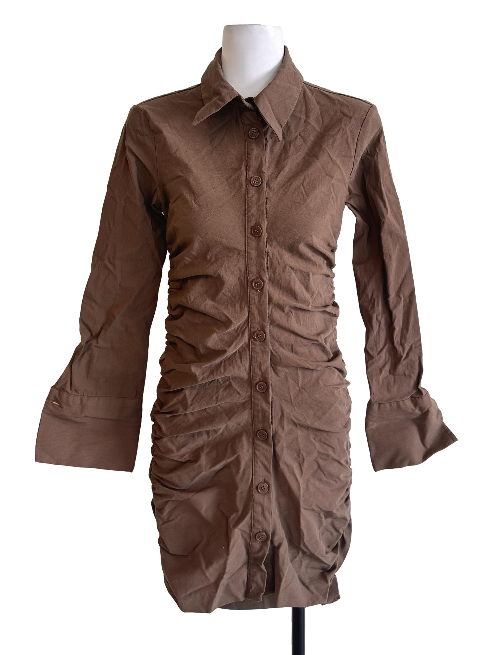 Brown Collared Ruched Dress