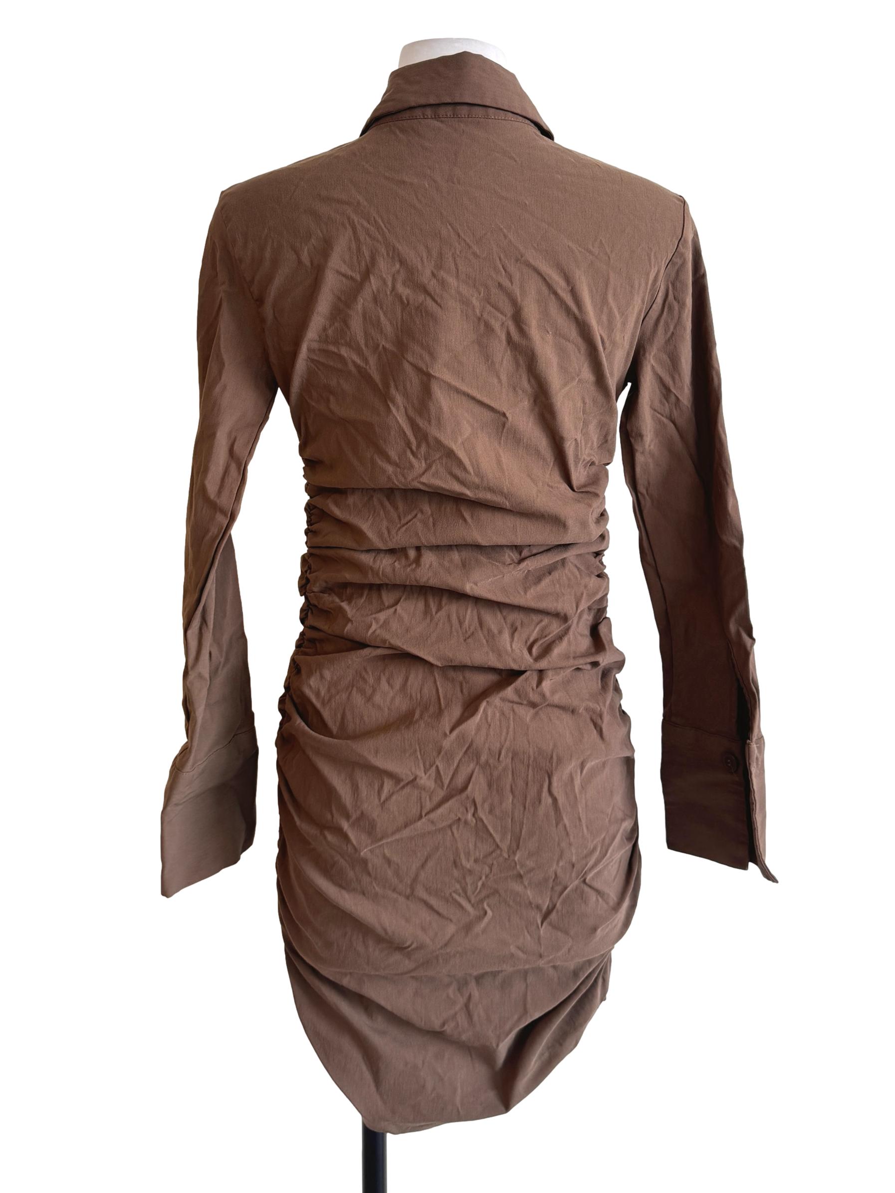 Brown Collared Ruched Dress