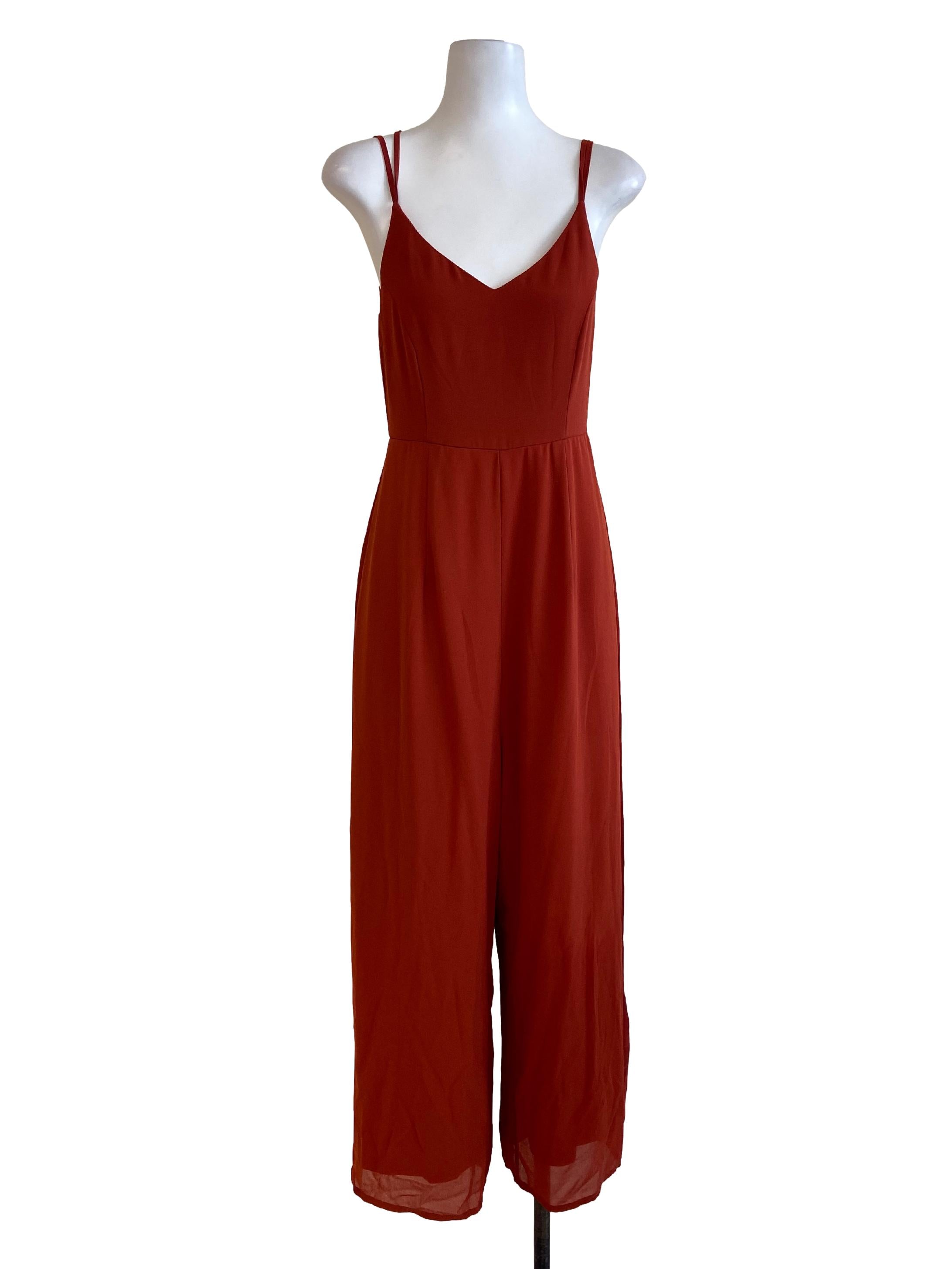 Fire Orange Spaghetti Strap Twill Jumpsuit