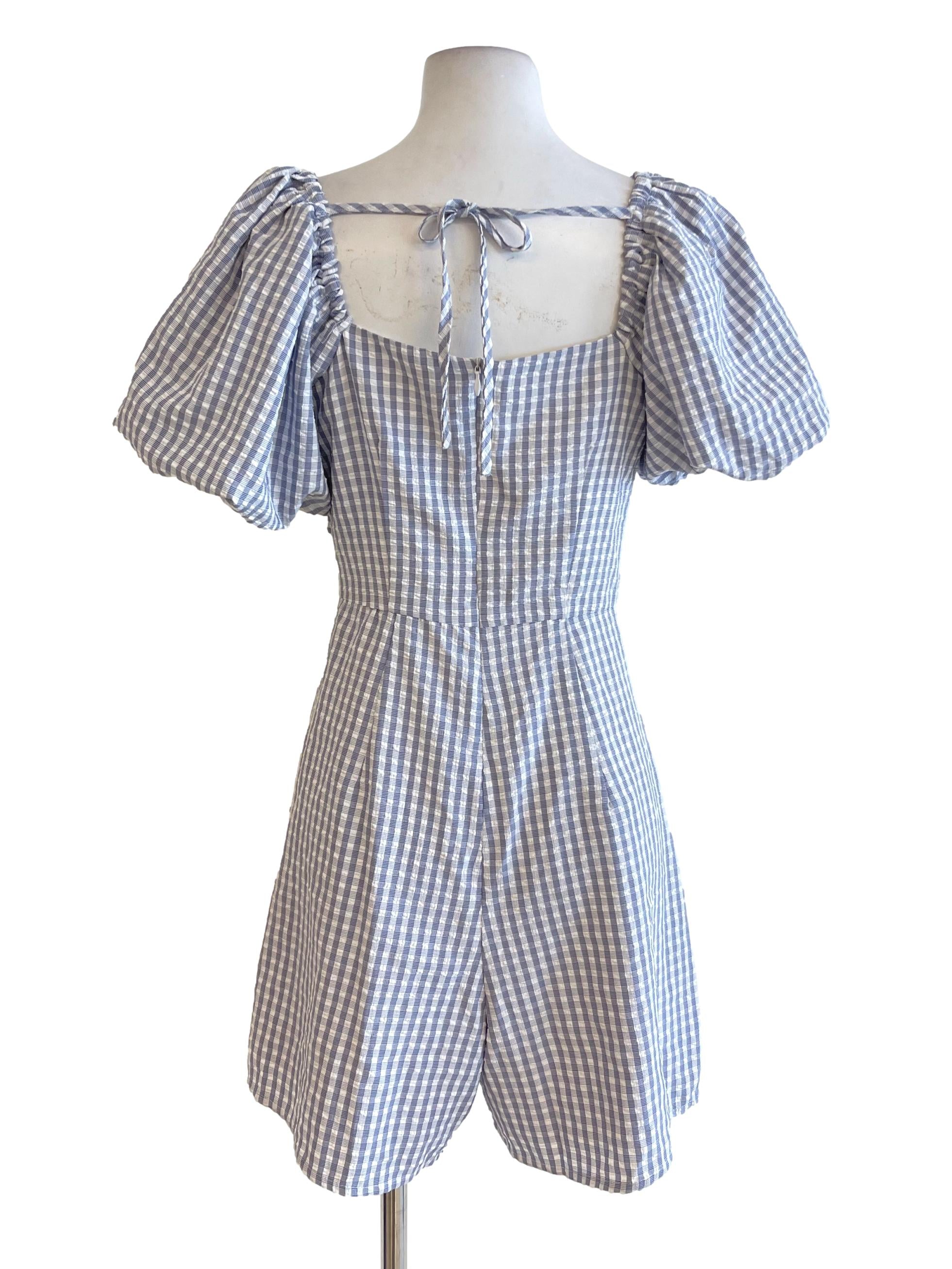 Purple Gingham Bubble Sleeve Peasant Rompers