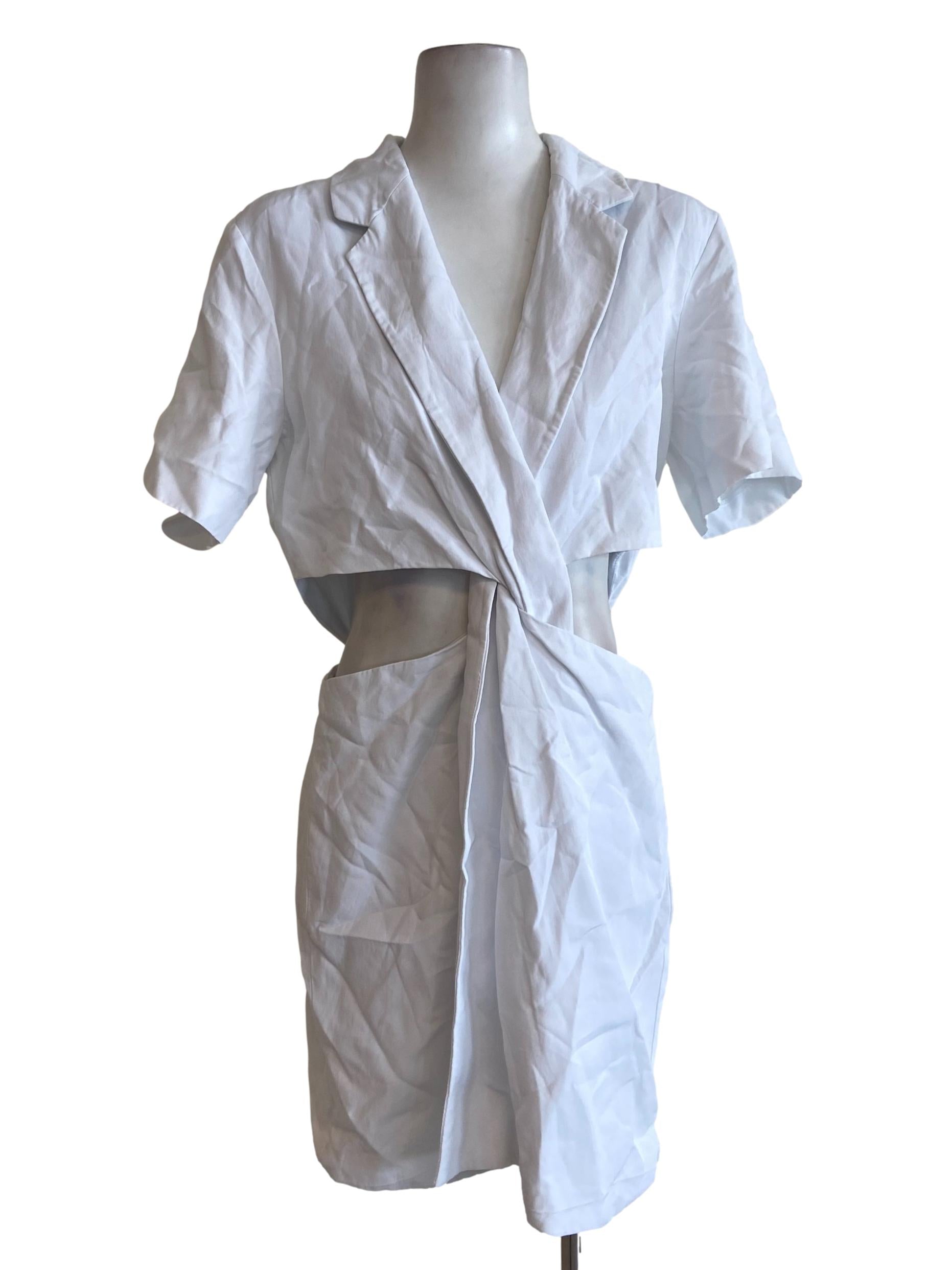 White Herringbone V Neck Sheath Dress