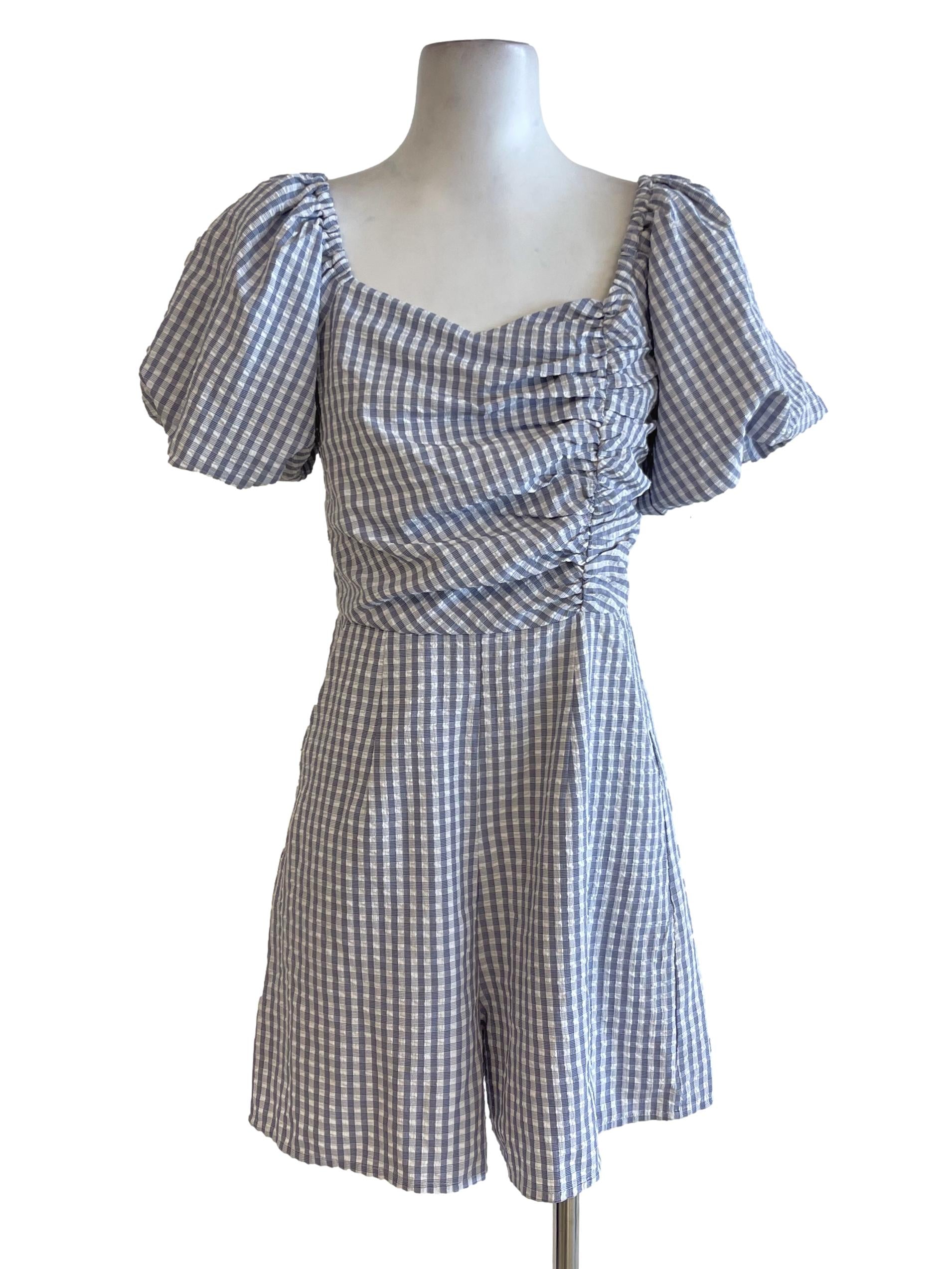 Purple Gingham Bubble Sleeve Peasant Rompers