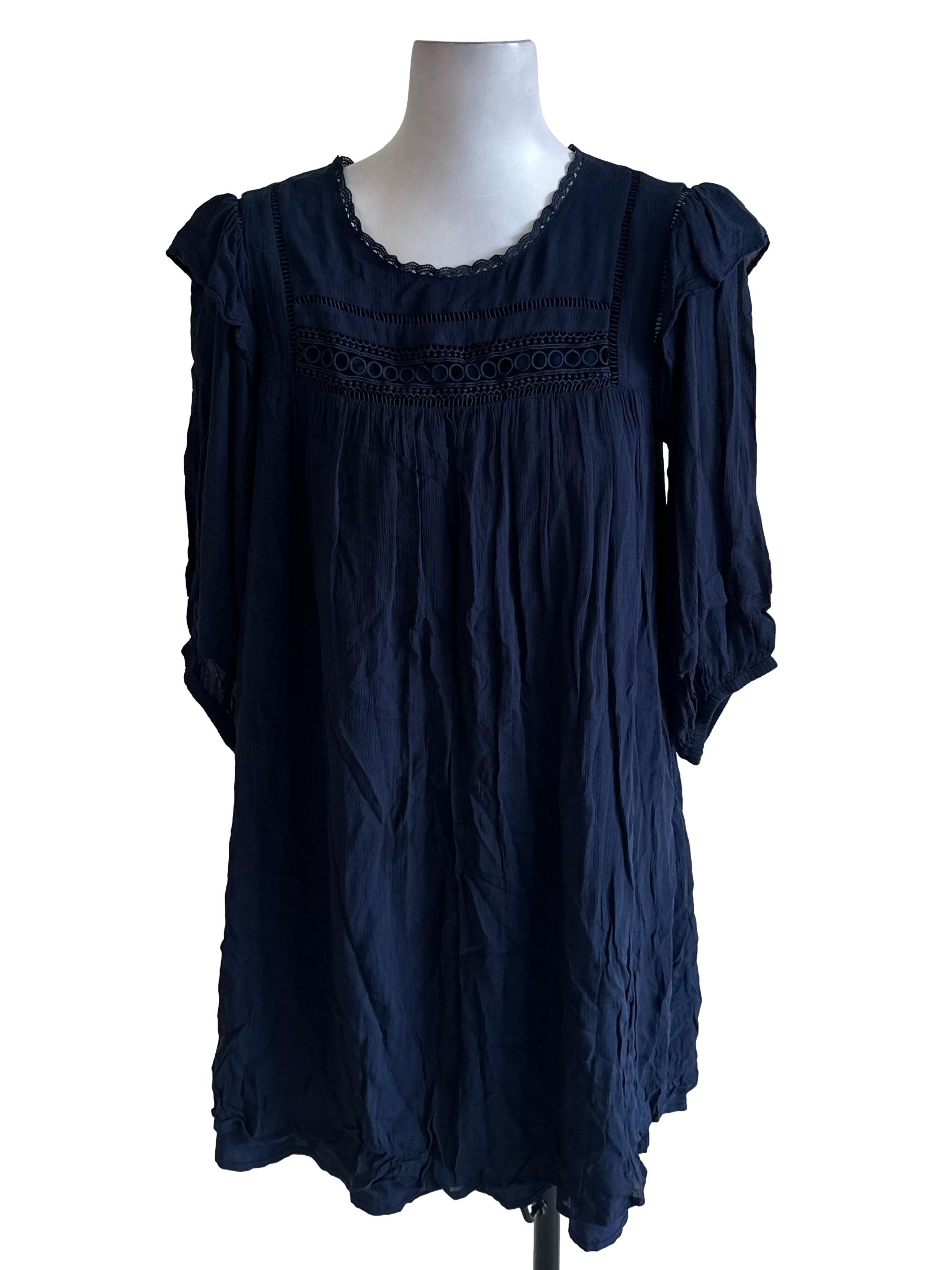 Navy Blue Lace Border Long Sleeve Dress
