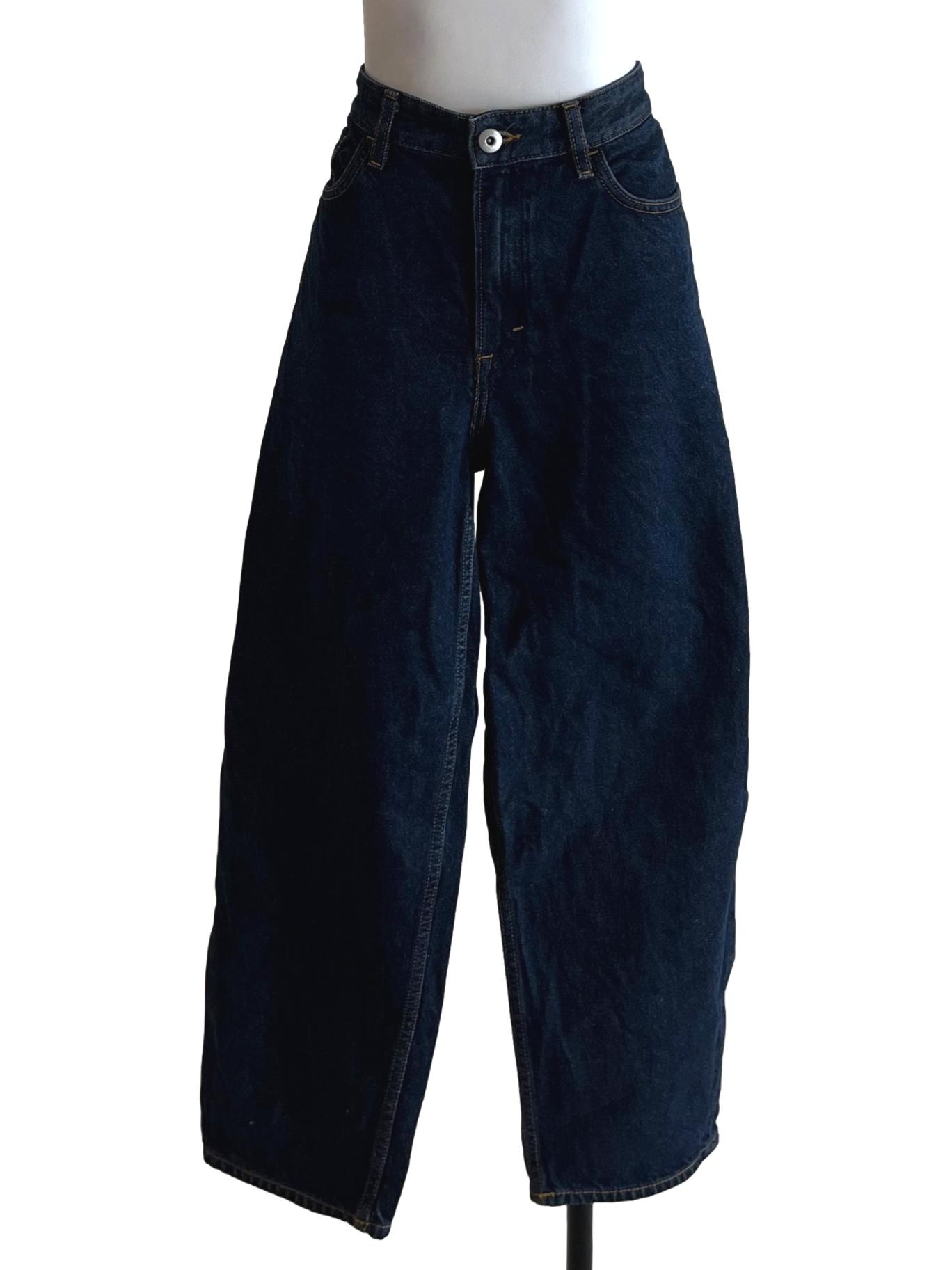 Navy Blue Denim Plain Wide-Leg Jeans