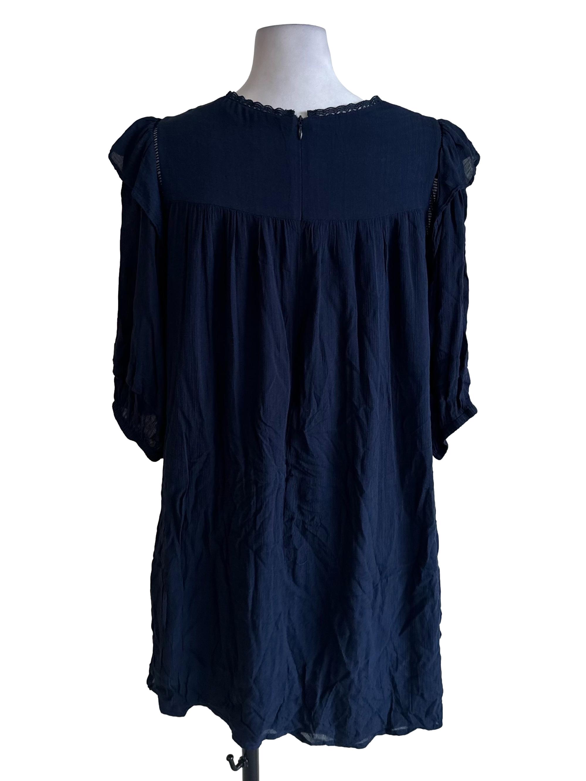 Navy Blue Lace Border Long Sleeve Dress