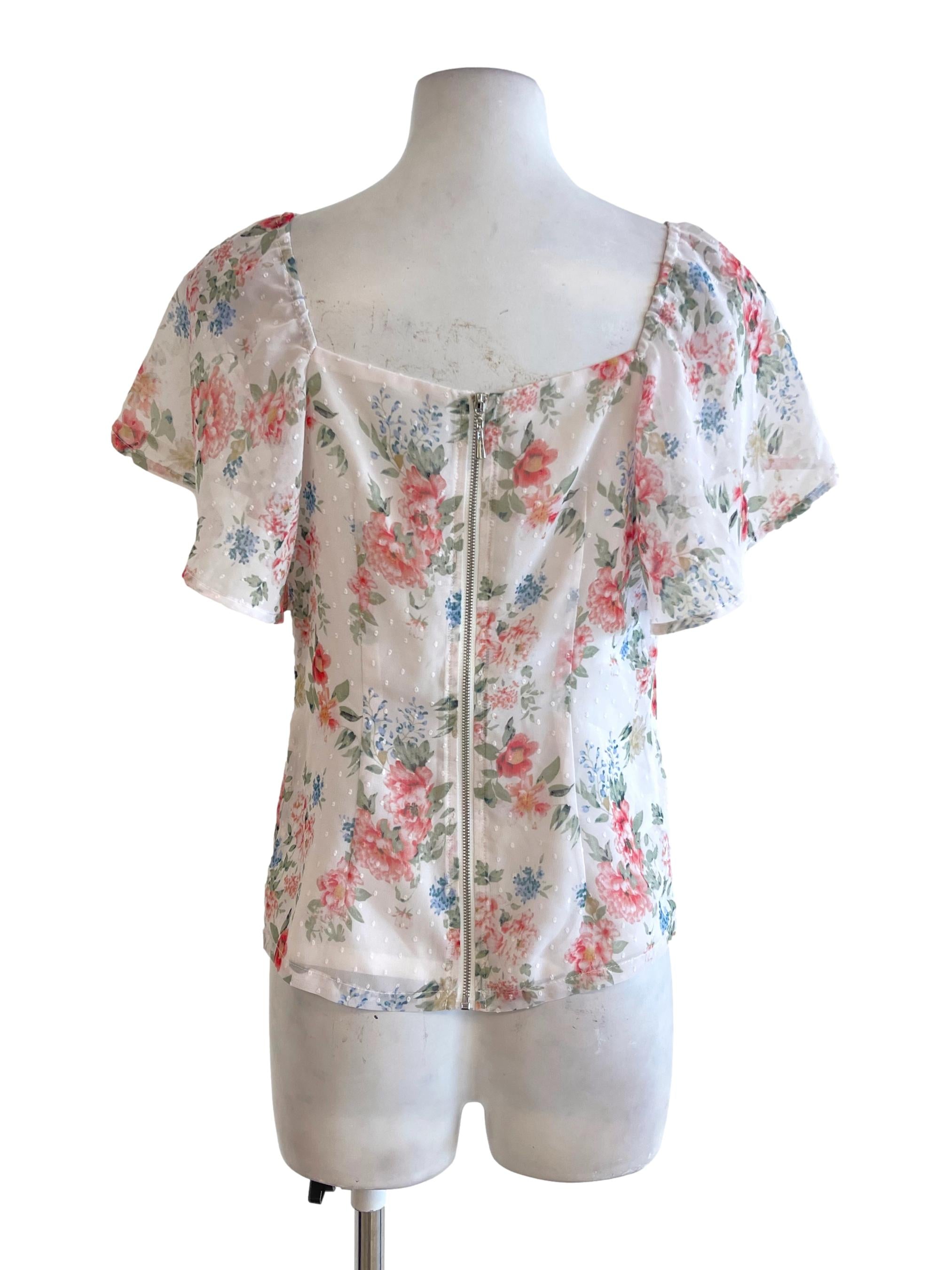 White Floral Sheer Swiss Dot Peasant Top