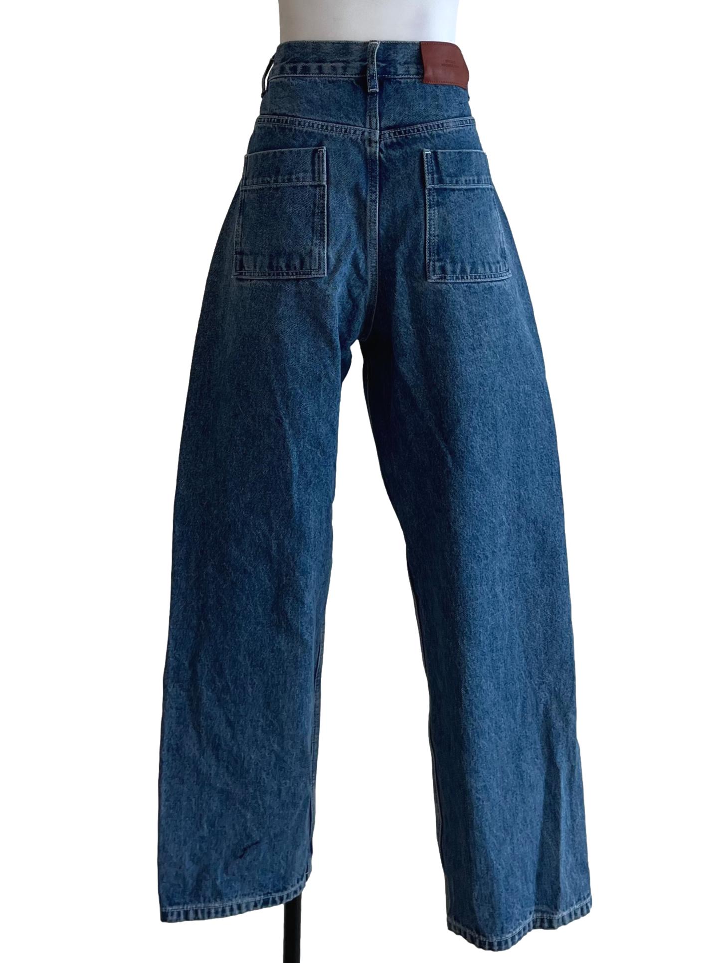 Blue Denim Plain Wide-Leg Jeans