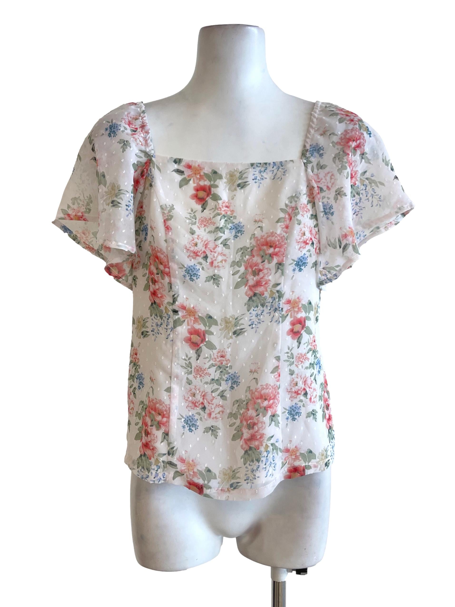 White Floral Sheer Swiss Dot Peasant Top
